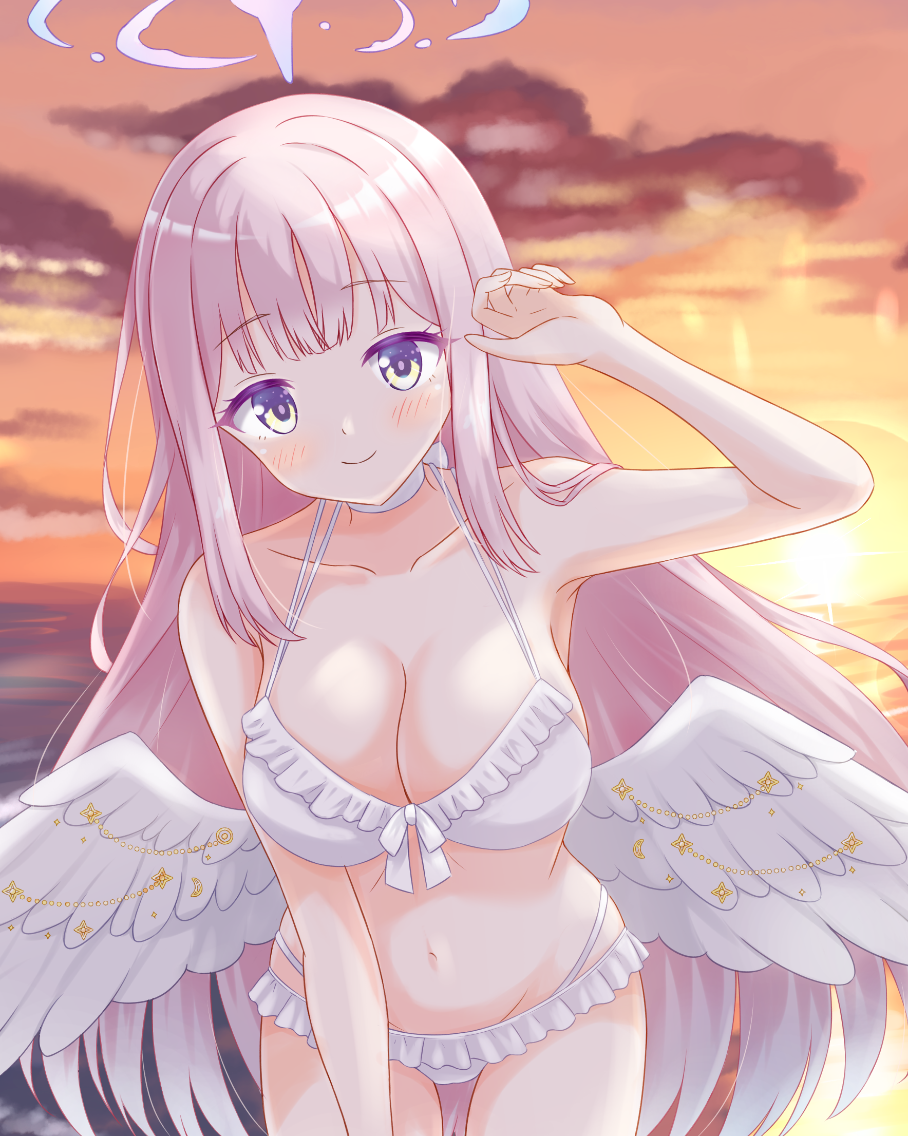 mika (blue archive), mika (swimsuit) (blue archive), blue archive, commentary request, highres, 1girl, angel wings, bare shoulders, blush, breasts, choker, cleavage, collarbone, feathered wings, halo, hinata mizore, large breasts, leaning forward, low wings, navel, official alternate costume, official alternate hairstyle, outdoors, pink hair, pink halo, smile, solo, stomach, sunset, swimsuit, white choker, white wings, wing ornament, wings