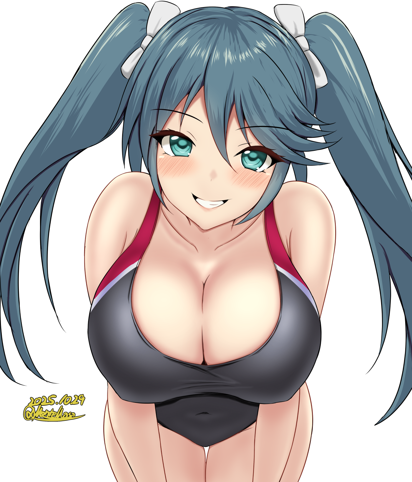 montemasa, isuzu (kancolle), kantai collection, highres, 1girl, black one-piece swimsuit, blue eyes, blue hair, blush, breasts, cleavage, competition swimsuit, covered navel, dated, hair ribbon, huge breasts, large breasts, long hair, looking at viewer, one-piece swimsuit, ribbon, smile, solo, swimsuit, twintails, twitter username, two-tone swimsuit, white background