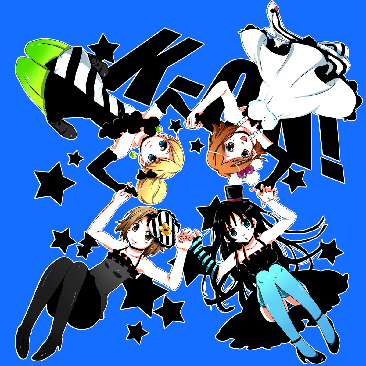 naomi (miette), naomi (pixiv563721), akiyama mio, hirasawa yui, kotobuki tsumugi, tainaka ritsu, don't say "lazy", k-on!, blue legwear, striped legwear, vertical-striped legwear, highres, 00s, 4girls, alternate hairstyle, aqua thighhighs, black hair, blonde hair, blue eyes, brown eyes, brown hair, dress, fingerless gloves, gloves, green pantyhose, hat, ho-kago tea time, holding hands, long hair, mini hat, mini top hat, multiple girls, pantyhose, short hair, striped clothes, striped pantyhose, thighhighs, top hat, vertical-striped clothes, vertical-striped pantyhose