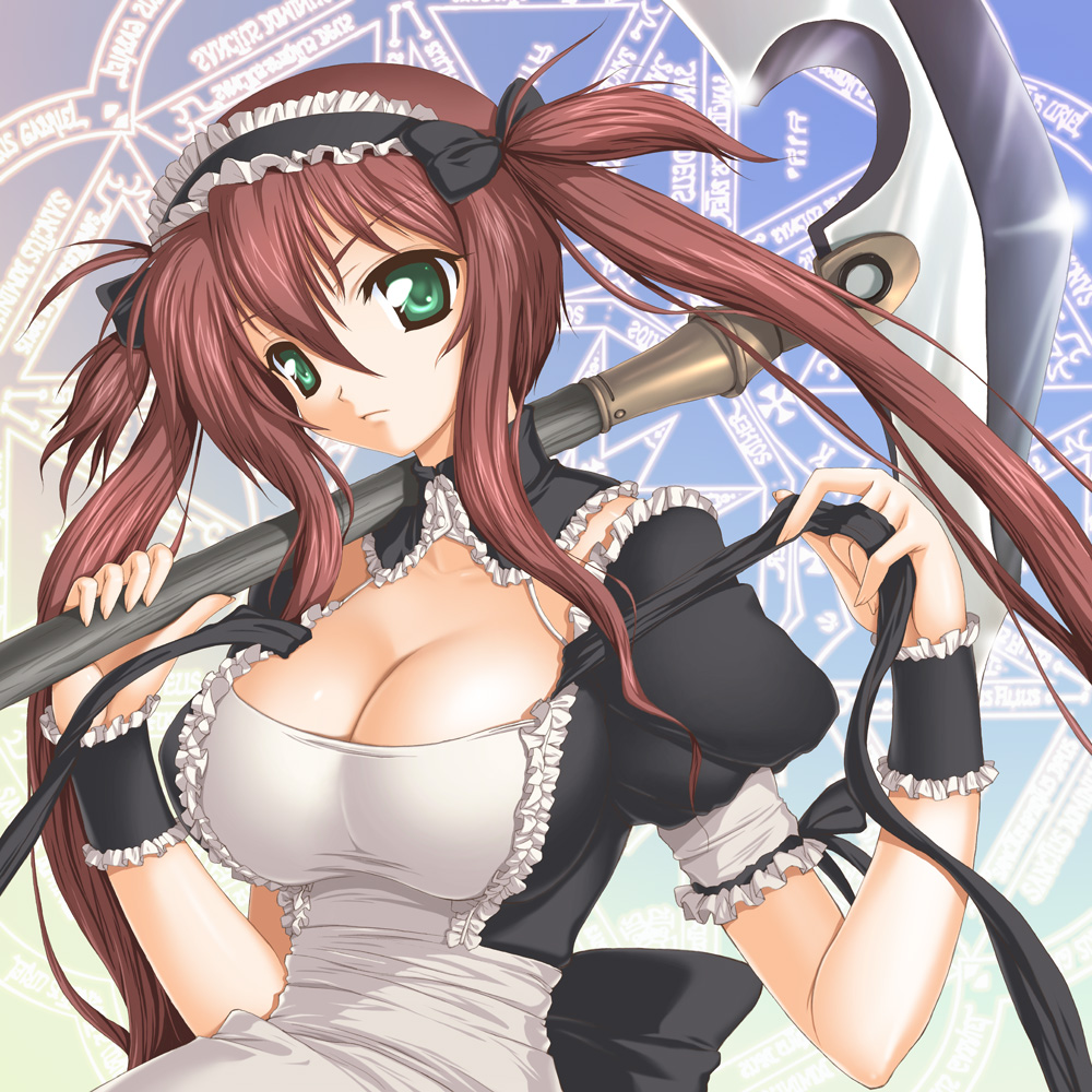 aokihoshi, airi (queen's blade), airi (the infernal temptress), queen's blade, 00s, 1girl, breasts, brown hair, cleavage, female focus, green eyes, hairband, large breasts, long hair, maid, scythe, solo, twintails