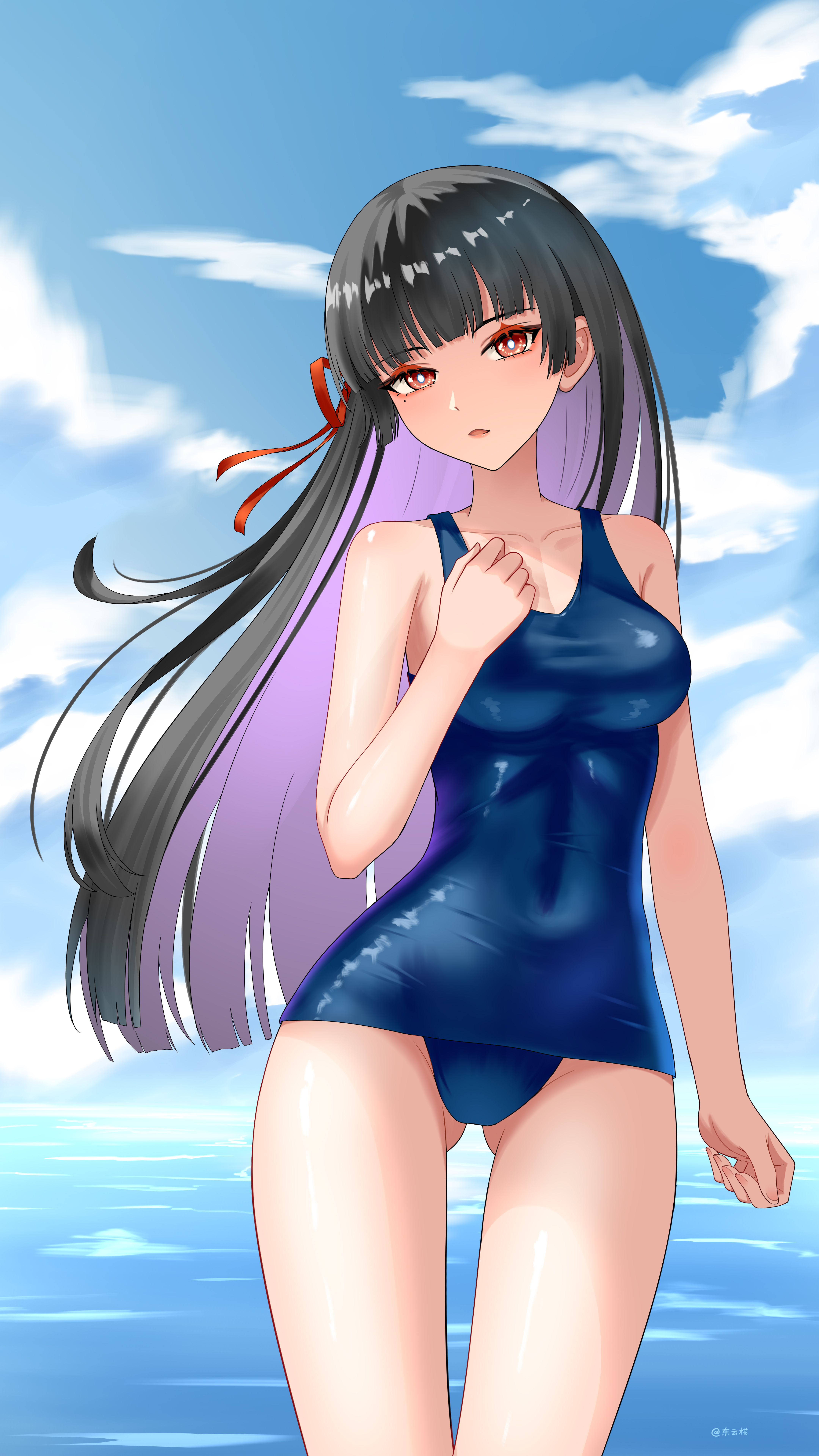 dongyun hua, chisa (wuthering waves), wuthering waves, absurdres, highres, 1girl, black hair, blue one-piece swimsuit, blue sky, blunt bangs, breasts, cloud, colored inner hair, feet out of frame, gluteal fold, hair ribbon, long hair, looking at viewer, medium breasts, multicolored hair, old school swimsuit, one-piece swimsuit, purple hair, red eyes, ribbon, school swimsuit, sky, solo, swimsuit, thigh gap, two-tone hair, water