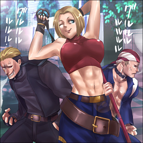 billy kane, blue mary, yamazaki ryuuji, snk, the king of fighters, lowres, 1girl, 2boys, blue eyes, collar, femdom, multiple boys