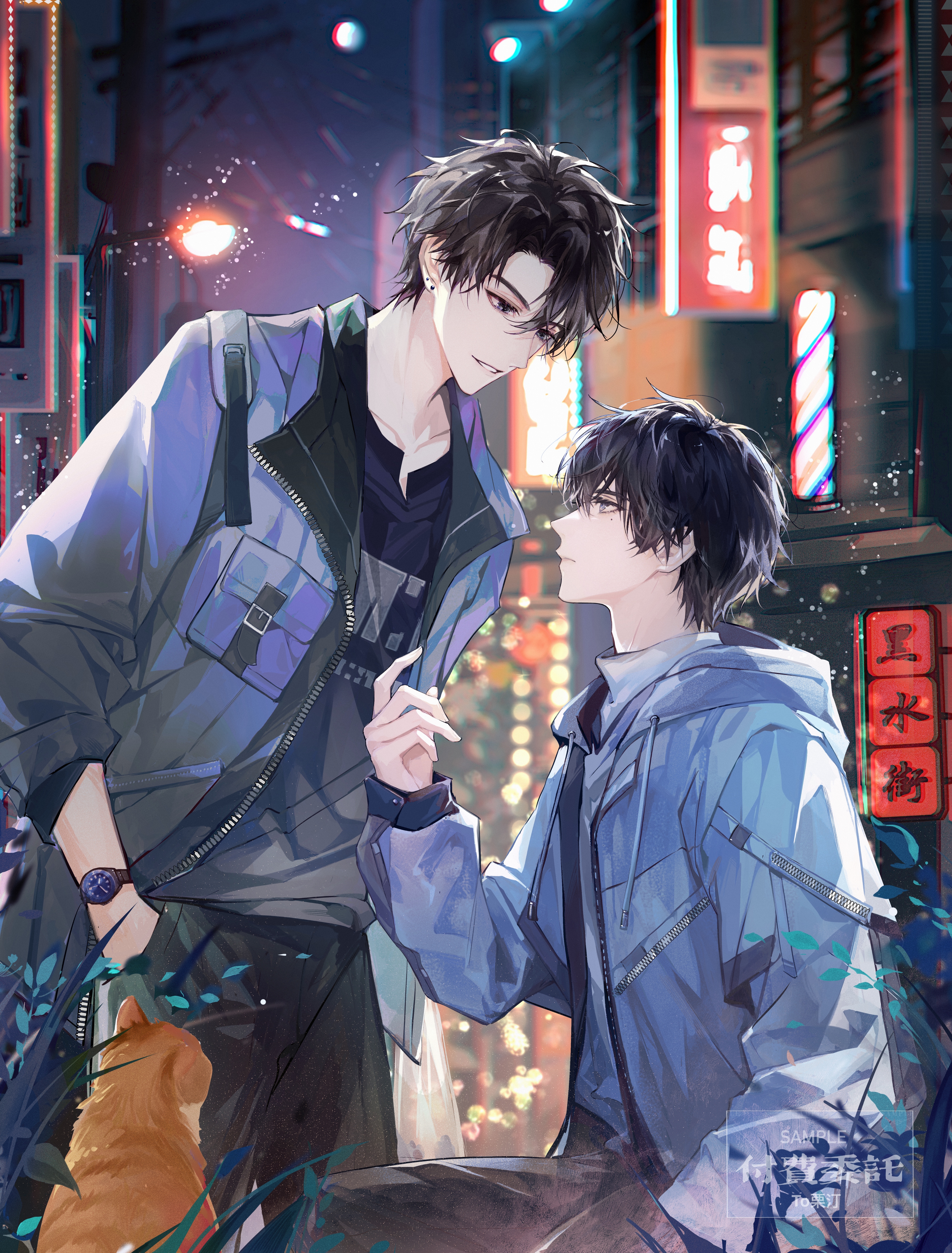 nidexintu, xie yu, absurdres, chinese commentary, commission, highres, 2boys, animal, bag, black hair, black pants, black shirt, blue jacket, blurry, blurry background, brown eyes, brown hair, building, cat, closed mouth, drawstring, earrings, eye contact, hair between eyes, hand in pocket, he zhao, hood, hood down, hooded jacket, hoodie, jacket, jewelry, leaf, long sleeves, looking at another, male focus, mole, mole under eye, multiple boys, night, open clothes, open jacket, outdoors, pants, parted lips, plant, print shirt, profile, shirt, short hair, sitting, smile, standing, watch, watermark, weizhuang xuezha, white shirt, wristwatch, yaoi, zipper