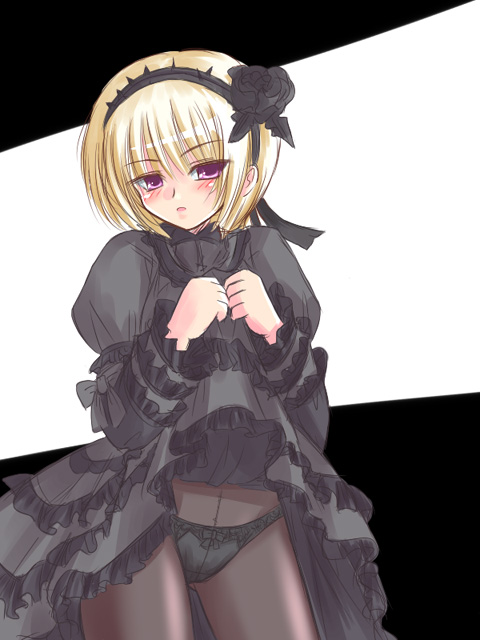 ninon beart, kof: maximum impact, snk, the king of fighters, artist request, 1girl, black background, black bow, black dress, black panties, black pantyhose, blonde hair, bow, bow panties, clothes lift, dress, dress lift, female focus, flower, goth fashion, gothic lolita, hair flower, hair ornament, hairband, loli, lolita fashion, long sleeves, looking at viewer, open mouth, panties, pantyhose, puffy sleeves, purple eyes, rose, short hair, skirt, skirt lift, solo, two-tone background, underwear, white background