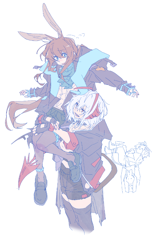 hamha s, amiya (arknights), w (arknights), arknights, 2girls, animal ears, aqua eyes, arms up, black jacket, black shoes, black shorts, black thighhighs, brown hair, brown pantyhose, grey hair, jacket, multiple girls, multiple views, open clothes, open jacket, open mouth, outstretched arms, pantyhose, rabbit ears, rabbit girl, shoes, shorts, simple background, smile, standing, thighhighs, white background