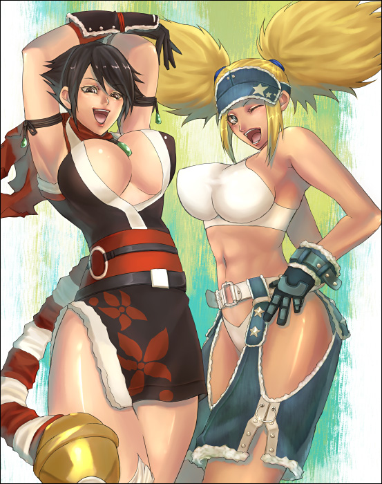 blue mary, shiranui mai, kof: maximum impact, snk, the king of fighters, 2girls, alternate costume, black eyes, black hair, blonde hair, blue eyes, breasts, cleavage, clothing cutout, hip vent, large breasts, long hair, multiple girls, ninja, one eye closed, short hair, smile, twintails, wink