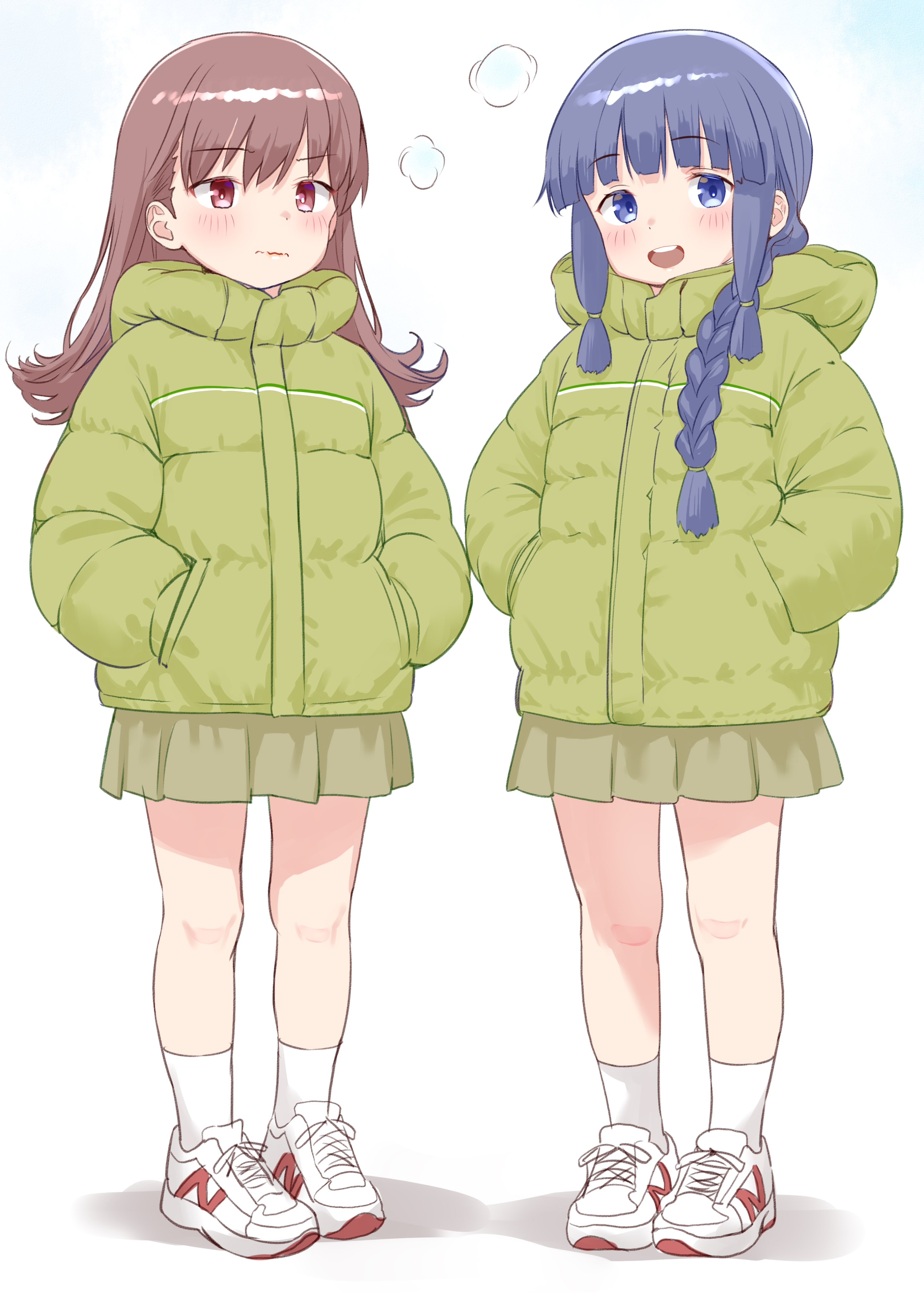 sakurai nana (moshichi), kitakami (kancolle), ooi (kancolle), kantai collection, absurdres, commentary request, highres, 2girls, aged down, black hair, blue eyes, braid, breath, coat, full body, green jacket, green skirt, hair over shoulder, hair ribbon, hands in pockets, jacket, long hair, matching outfits, multiple girls, ribbon, shoes, sidelocks, single braid, skirt, sneakers, tress ribbon, white background, white shoes, winter clothes, winter coat