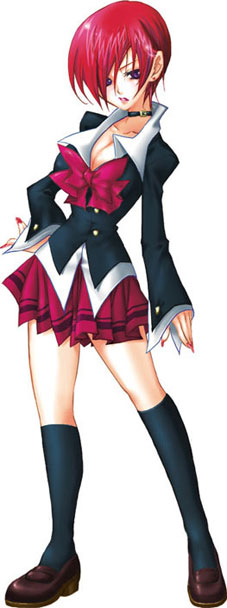 yagami iori, snk, the king of fighters, gender request, breasts, cleavage, collar, genderswap, midnight bliss, red hair, school uniform, short hair