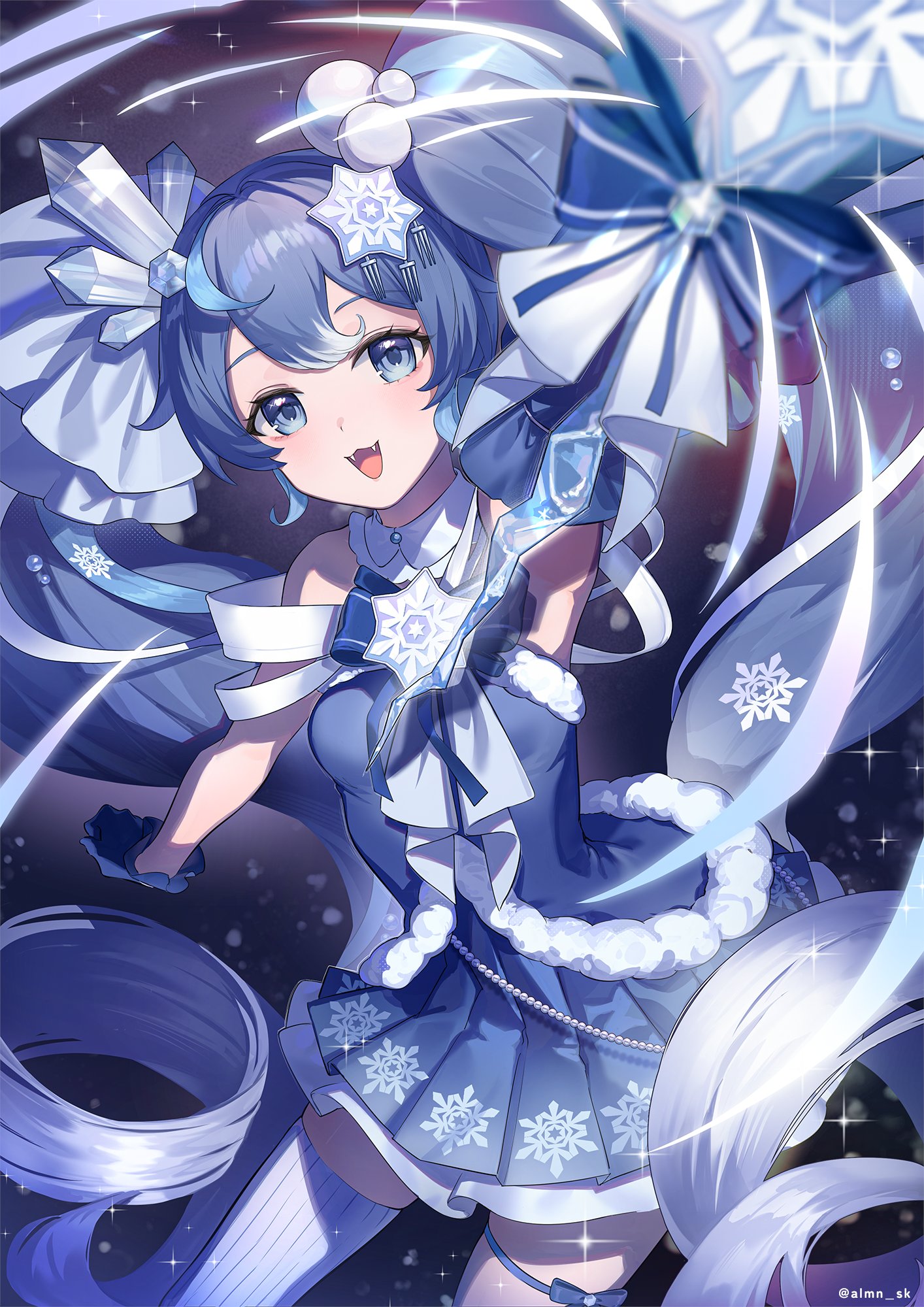 almn sk, hatsune miku, rabbit yukine, yuki miku, yuki miku (2025), vocaloid, commentary request, highres, 1girl, aqua hair, arm up, armpits, asymmetrical legwear, black gloves, blue dress, blue hair, breasts, crystal, crystal hair ornament, dress, drill hair, gloves, hair ornament, holding, holding scepter, ice crystal, long hair, looking at viewer, low drills, medium breasts, multicolored hair, official alternate costume, official alternate hairstyle, open mouth, rabbit, scepter, shoes, single thighhigh, sleeveless, sleeveless dress, smile, snowball, snowflake hair ornament, snowflake print, snowflakes, solo, streaked hair, striped clothes, striped thighhighs, thigh strap, thighhighs, twin drills, twintails, very long hair, white thighhighs