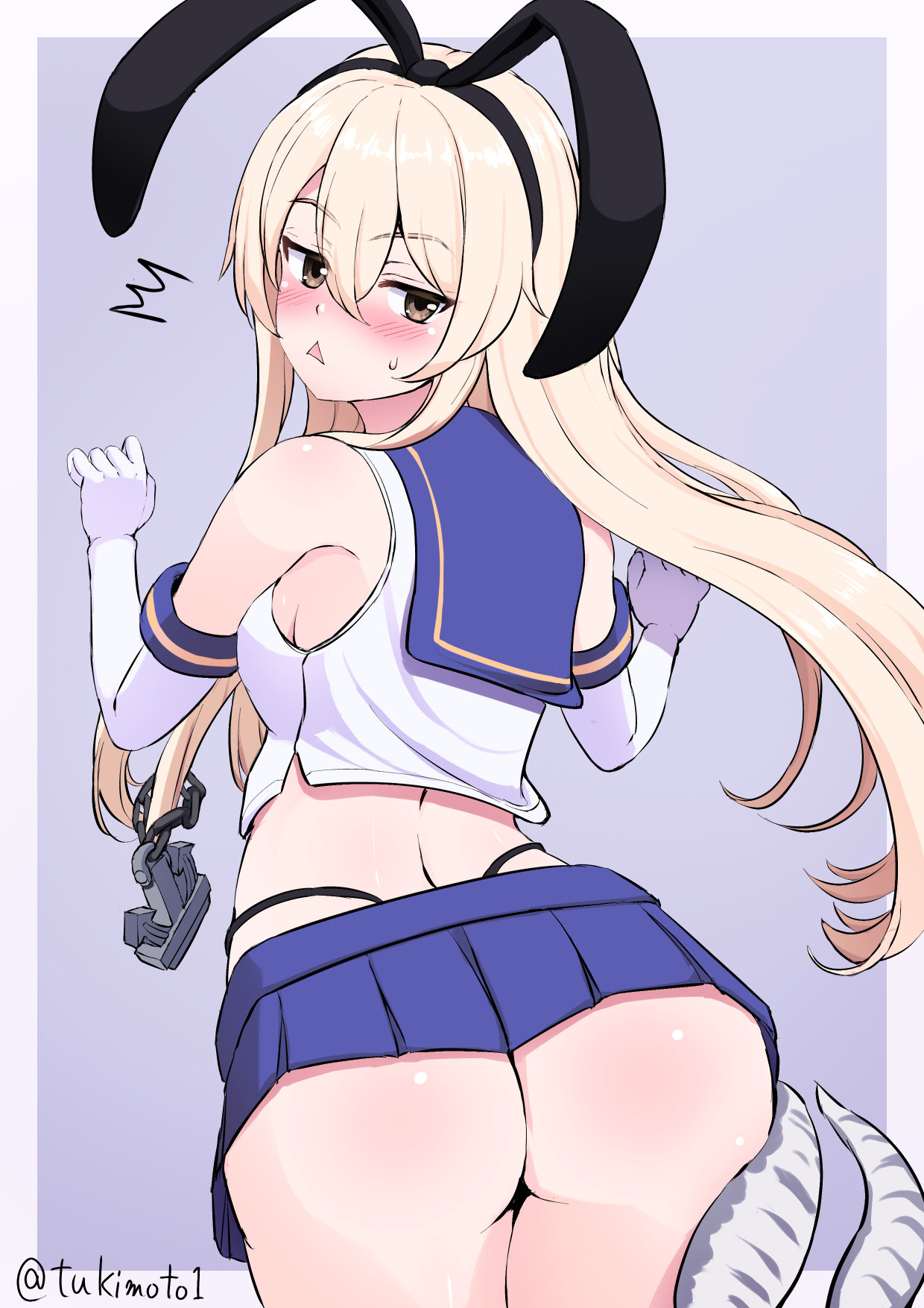 tsukimoto reiji, shimakaze (kancolle), kantai collection, highres, 1girl, ^^^, anchor hair ornament, ass, black hairband, black panties, blonde hair, blue sailor collar, blue skirt, cowboy shot, crop top, elbow gloves, gloves, grey background, grey eyes, hair ornament, hairband, highleg, highleg panties, long hair, looking back, microskirt, miniskirt, panties, pleated skirt, sailor collar, shirt, skirt, sleeveless, sleeveless shirt, striped clothes, striped thighhighs, tentacles, thighhighs, twitter username, two-tone background, underwear, white gloves