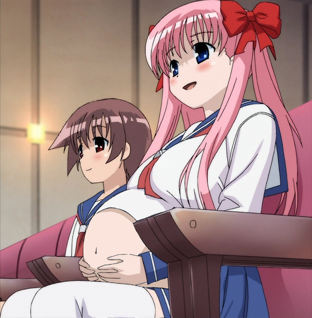 haramura nodoka, miyanaga saki, saki (manga), non-web source, third-party edit, 00s, 2girls, blue eyes, blush, breasts, brown eyes, brown hair, hair ribbon, large breasts, midriff, multiple girls, navel, necktie, open mouth, pink hair, pregnant, ribbon, school uniform, short hair, sitting, thighhighs, twintails