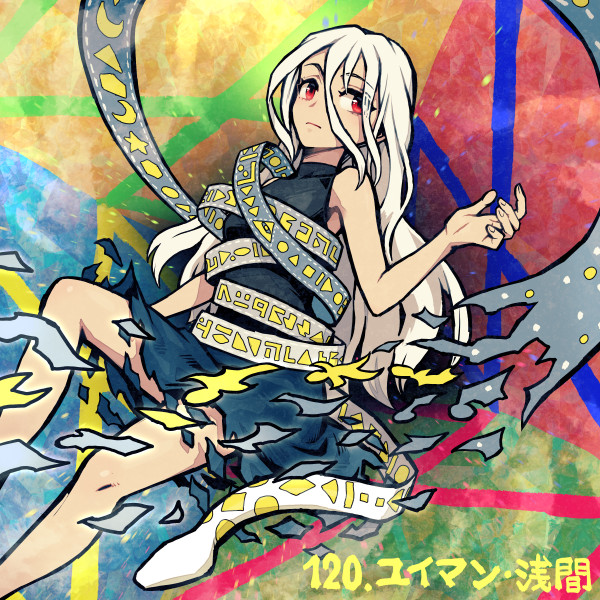 meimaru inuchiyo, yuiman asama, fossilized wonders, touhou, commentary request, 1girl, armpits, bare shoulders, black dress, blue background, blue dress, breasts, character name, closed mouth, colorful background, crescent, crescent print, dress, feet out of frame, fingernails, gradient clothes, gradient dress, green background, hair between eyes, hand up, long hair, long hair between eyes, looking at viewer, medium breasts, numbered, red background, red eyes, ribbon around body, sitting, sleeveless, sleeveless dress, snake, solo, square print, star (symbol), star print, torn clothes, torn dress, triangle print, white hair, yellow background