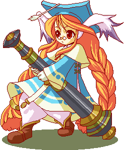 kokutou, kokutou eiri, momo (breath of fire), breath of fire, breath of fire iii, lowres, 1girl, animal ears, boots, cannon, dress, female focus, glasses, gown, hat, long hair, m1 bazooka, orange hair, pixel art, red eyes, robe, rocket launcher, solo, twintails, very long hair, weapon