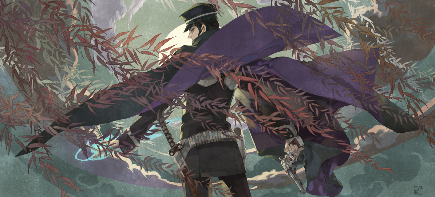 nobingo, kuzunoha raidou, atlus, devil summoner (series), raidou kuzunoha vs king abaddon, shin megami tensei, bad id, bad pixiv id, 1boy, black hair, cape, gun, hat, male focus, manly, shako cap, sheath, sheathed, solo, sword, weapon