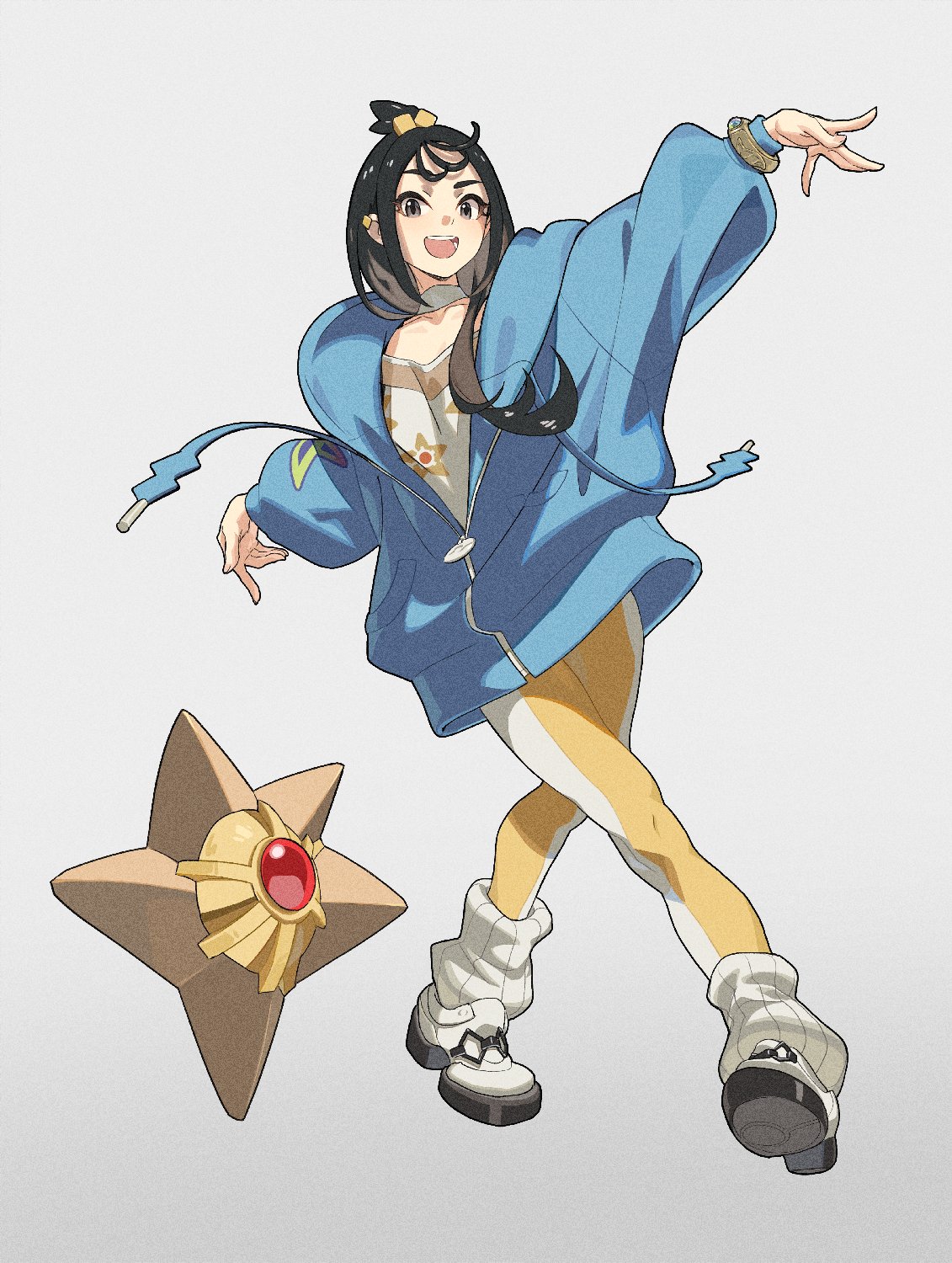 daniel deng, lida (pokemon), starmie, nintendo, pokemon, pokemon legends: z-a, highres, 1girl, black hair, blue hoodie, choker, collarbone, full body, gen 1 pokemon, grey choker, hand up, hood, hoodie, leg warmers, long hair, long sleeves, looking at viewer, open clothes, open hoodie, open mouth, pantyhose, pokemon (creature), puffy long sleeves, puffy sleeves, shoes, smile, solo, teeth, upper teeth only, white leg warmers, white shoes, yellow pantyhose