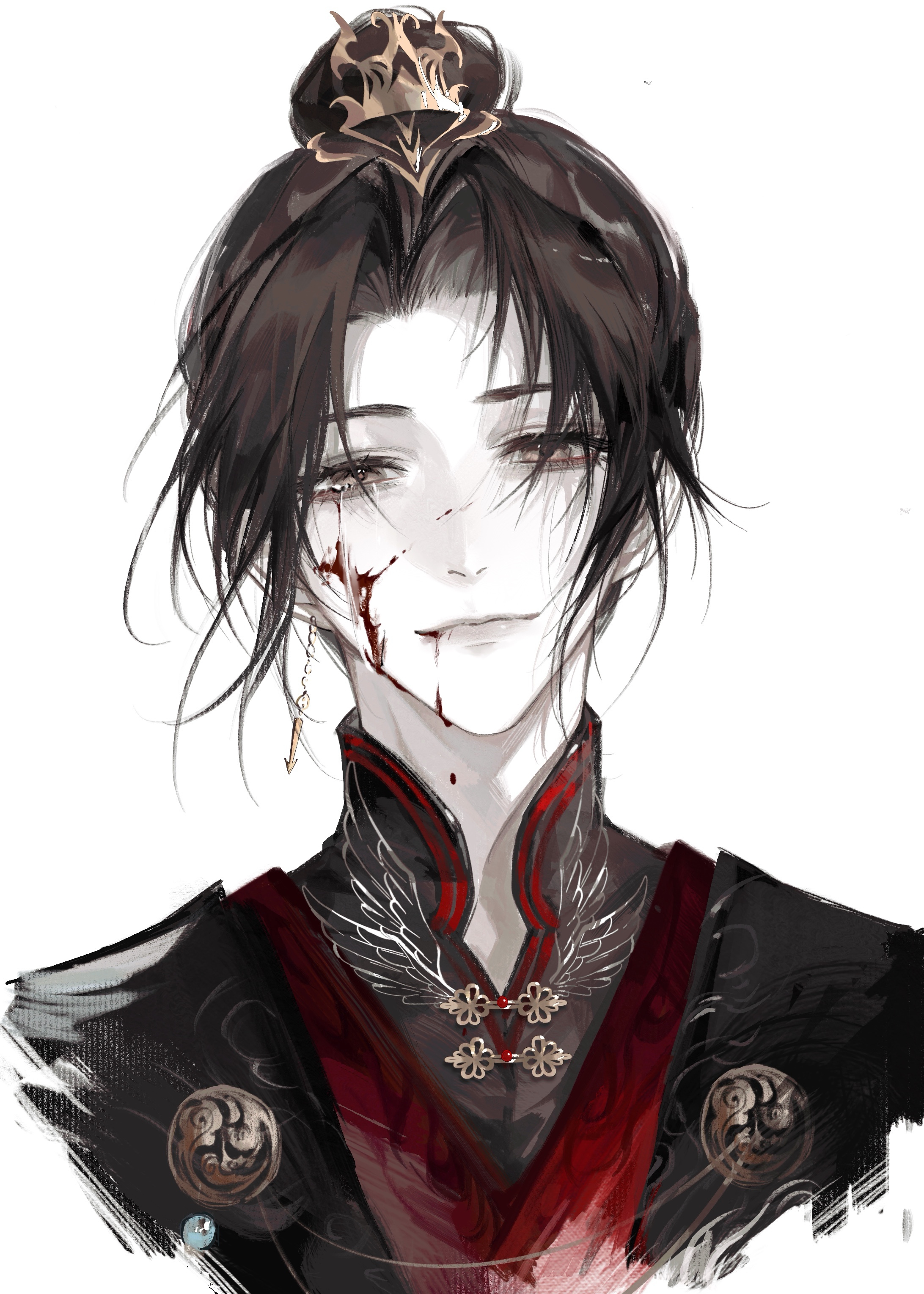 nidexintu, absurdres, chinese commentary, highres, 1boy, black hair, black hanfu, blood, blood from mouth, blood on face, brown eyes, brown hair, chinese clothes, chinese knot, closed mouth, earrings, eyelashes, hanfu, jewelry, long hair, looking at viewer, male focus, mandarin collar, meng renjian, parted bangs, portrait, simple background, smile, solo, topknot, updo, upper body, white background, xiao guan (headdress), xie hui