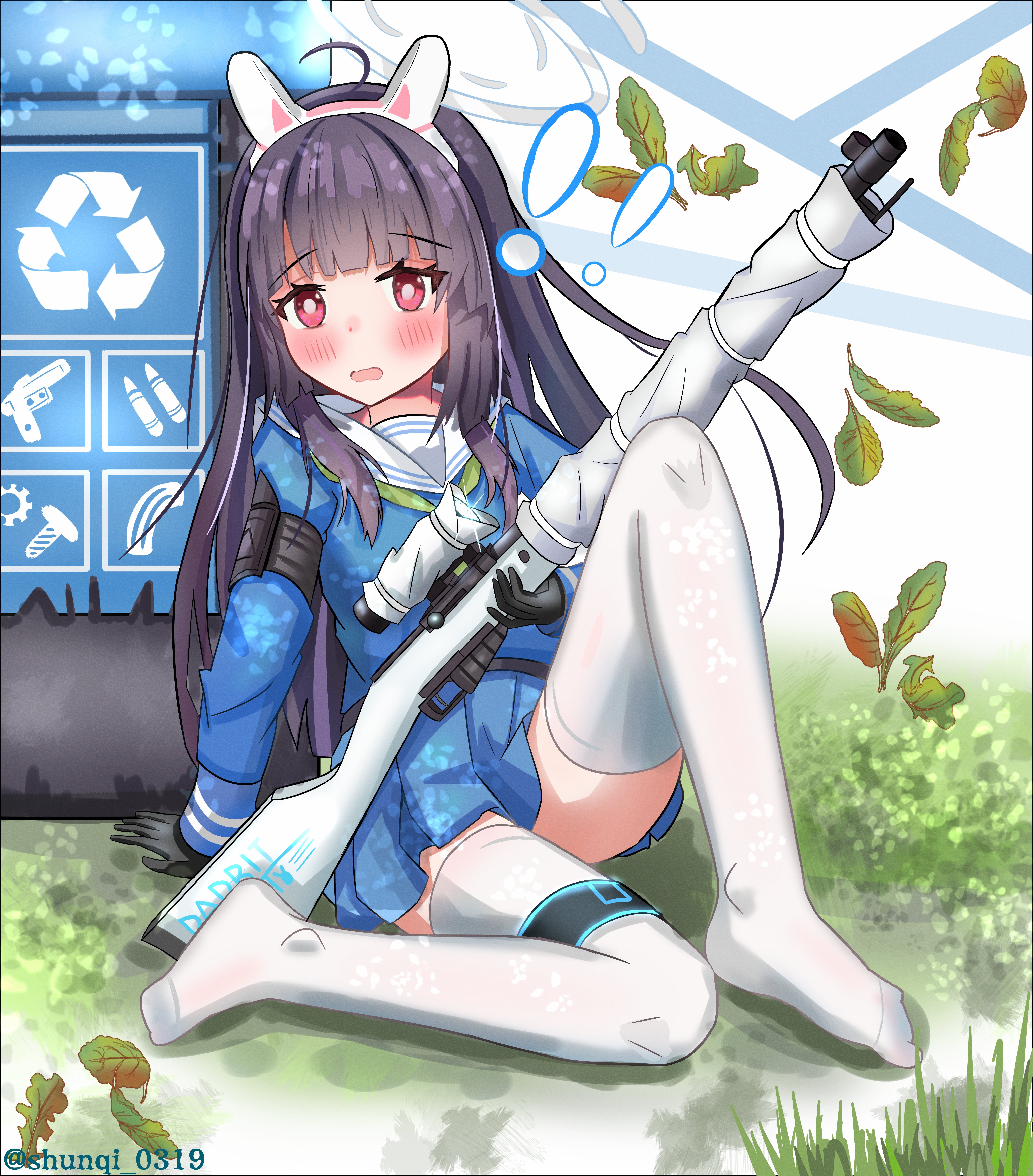 miyu (blue archive), blue archive, absurdres, highres, alternate legwear, animal ears, arm support, black gloves, black hair, blue shirt, blue skirt, blush, bolt action, fake animal ears, gloves, grass, gun, halo, knee up, leaf, leaf on head, long hair, no shoes, open mouth, pleated skirt, rabbit ears, red eyes, rifle, sailor collar, school uniform, shirt, shunqi 0319, sidelocks, sitting, skirt, sniper rifle, solo, thighhighs, weapon, white thighhighs