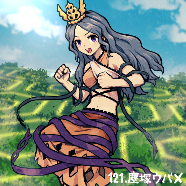 meimaru inuchiyo, chirizuka ubame, fossilized wonders, touhou, commentary request, 1girl, arm ribbon, bare shoulders, blue sky, breasts, character name, clenched hands, clothing cutout, cloud, cloudy sky, cowboy shot, crop top, day, grey hair, hands up, headpiece, long hair, looking at viewer, medium breasts, midriff, navel, numbered, open mouth, orange skirt, orange tank top, outdoors, purple eyes, ribbon, ribbon around body, skirt, sky, solo, standing, tank top, teeth, tongue, tree, v-shaped eyebrows, wavy hair, white tank top