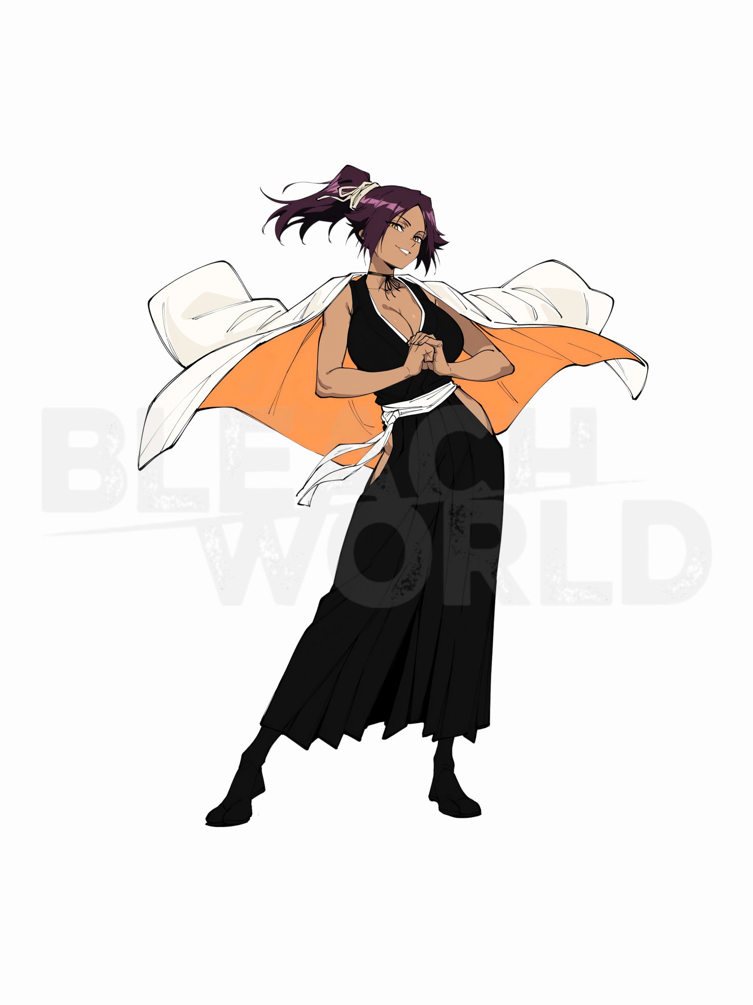 animerch x, shihouin yoruichi, bleach, 1girl, breasts, cleavage, large breasts, ponytail, solo