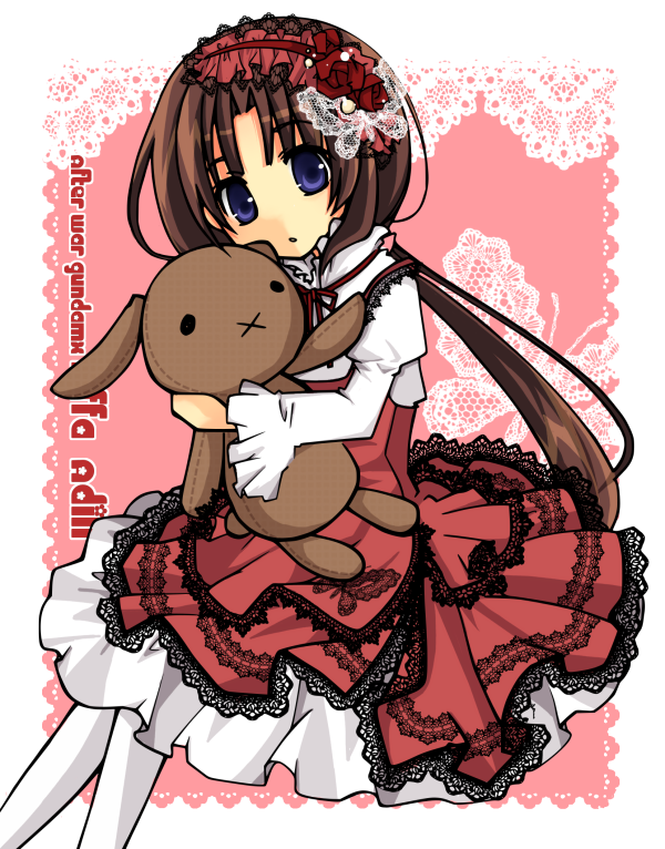 natsuki (artist), tiffa adill, after war gundam x, gundam, 1girl, blue eyes, brown hair, dress, female focus, lolita fashion, long hair, sitting, solo, stuffed animal, stuffed rabbit, stuffed toy, sweet lolita, very long hair