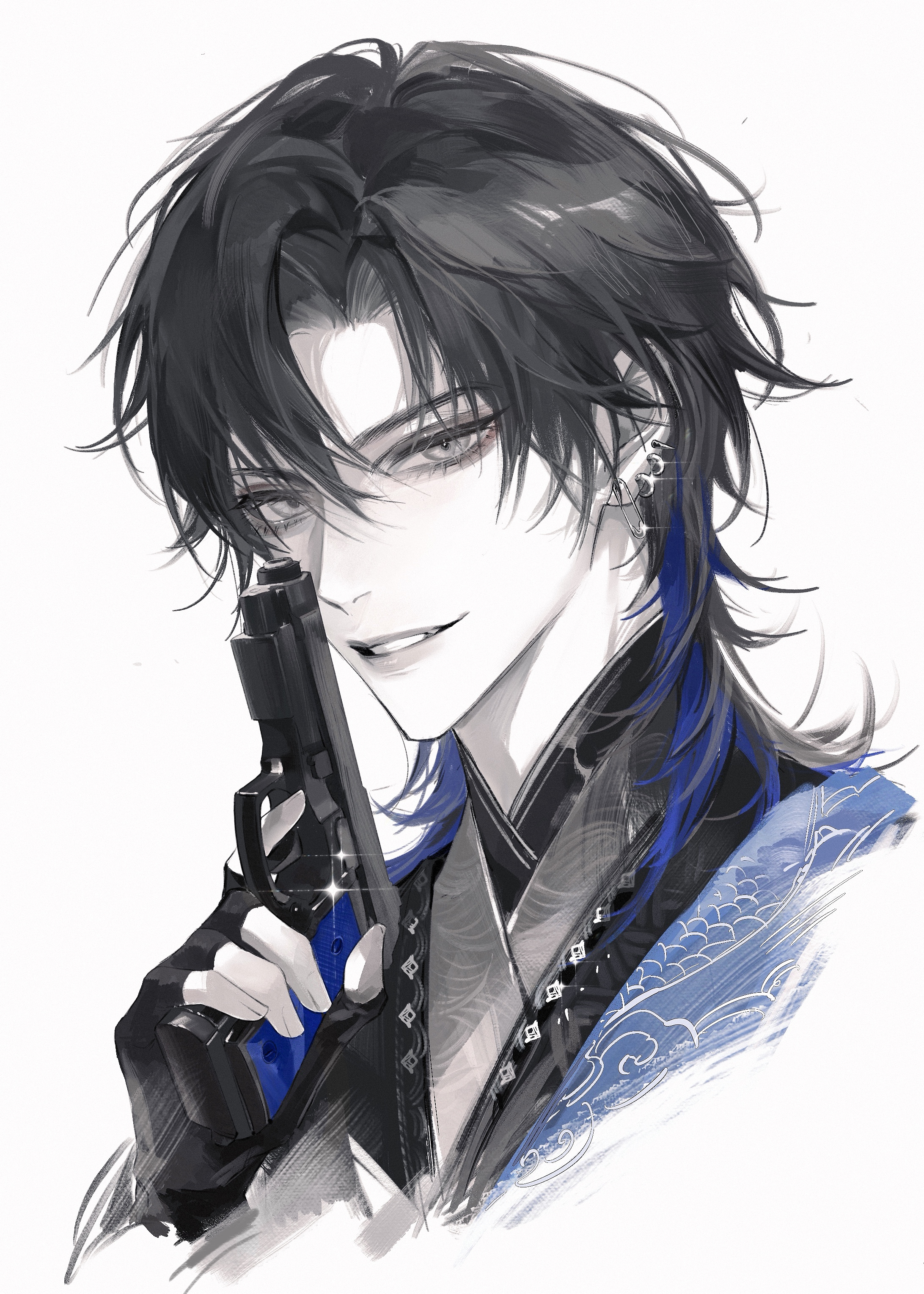 nidexintu, absurdres, chinese commentary, highres, 1boy, bishounen, black gloves, black hair, black hanfu, blue hair, chinese clothes, curtained hair, ear piercing, earrings, eyelashes, fingerless gloves, glint, gloves, grey eyes, grin, gun, hair between eyes, hand up, handgun, hanfu, holding, holding gun, holding weapon, jewelry, looking at viewer, male focus, medium hair, meng renjian, multicolored hair, parted bangs, parted lips, piercing, portrait, simple background, smile, solo, streaked hair, teeth, two-tone hair, upper body, weapon, white background, yi shuihan