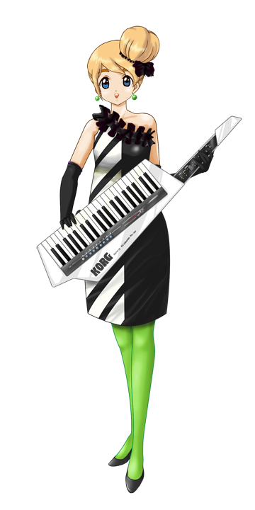 ruce, kotobuki tsumugi, don't say "lazy", k-on!, eyebrows, bad id, bad pixiv id, 00s, 1girl, blonde hair, blue eyes, female focus, full body, green pantyhose, hair bun, instrument, keytar, pantyhose, short hair, single hair bun, solo, standing, transparent, transparent background