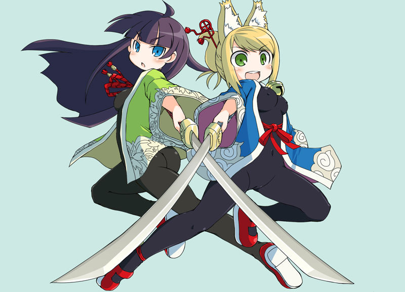 naitou kouse, namuna (7th dragon), ran (7th dragon), rogue (7th dragon), samurai (7th dragon), 7th dragon, 7th dragon (series), 2girls, ahoge, animal ears, ass, bell, black hair, blonde hair, blue eyes, blush, bodysuit, bow, breasts, cameltoe, cat ears, covered erect nipples, foreshortening, fox ears, full body, green eyes, hair ornament, jingle bell, katana, latex, long hair, mary janes, medium breasts, midair, multiple girls, navel, open mouth, purple hair, ribbon, shoes, short hair, simple background, skin tight, small breasts, smile, sword, teeth, weapon, wide sleeves