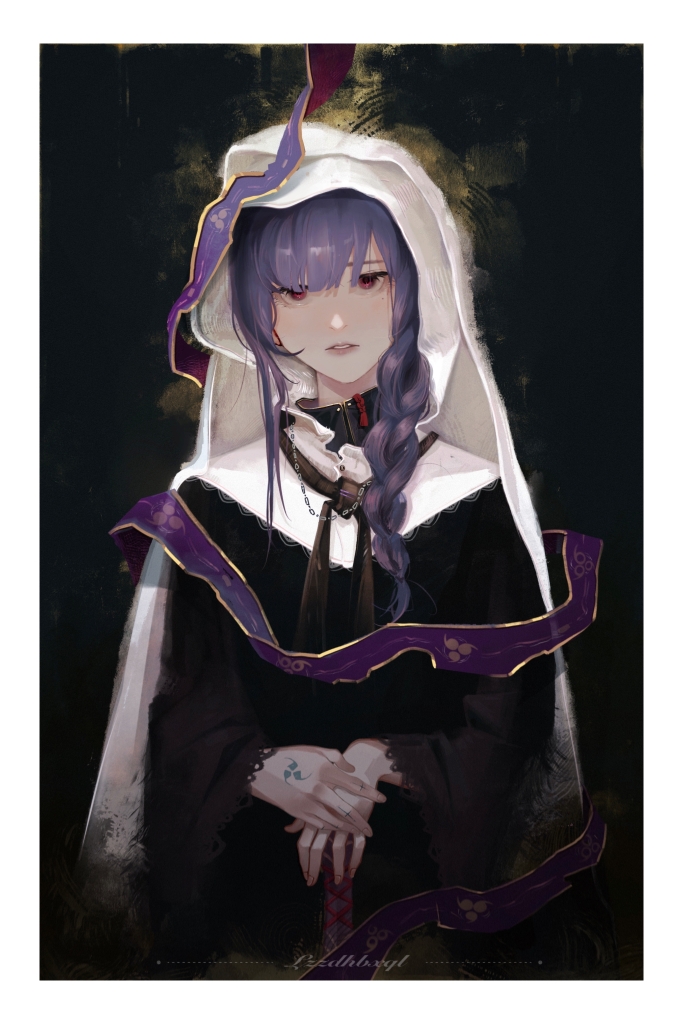raiden shogun, genshin impact, artist request, 1girl, alternate costume, alternate universe, artist name, black robe, blunt bangs, braid, christianity, hair over shoulder, hand tattoo, head tilt, jewelry, katana, layered clothes, long hair, long sleeves, looking at viewer, loose necktie, mitsudomoe (shape), mole, mole under eye, necklace, necktie, nun, own hands together, parted lips, pink lips, purple eyes, purple hair, purple ribbon, ribbon, robe, signature, single braid, solo, standing, sword, tattoo, tomoe (symbol), traditional nun, upper body, veil, weapon, white veil, wide sleeves