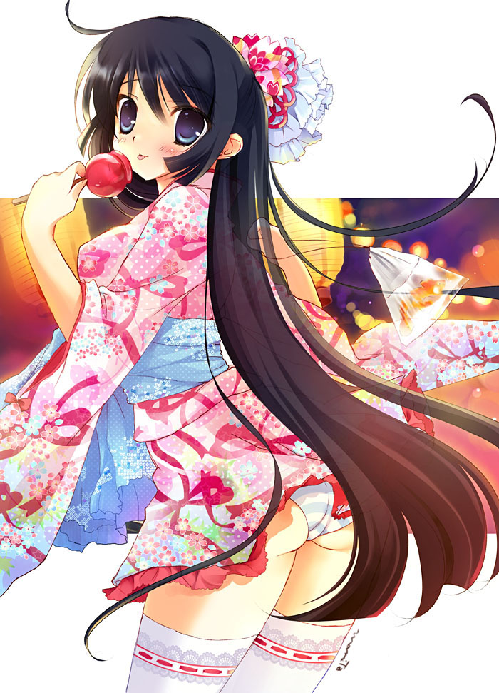 mamita, akiyama mio, k-on!, bad id, bad pixiv id, 00s, 1girl, ass, bag, black hair, blue eyes, candy apple, female focus, festival, fish, food, goldfish, hime cut, japanese clothes, kimono, lolita fashion, long hair, outdoors, panties, pink kimono, short kimono, solo, striped clothes, striped panties, thighhighs, tongue, underwear, wa lolita, yukata