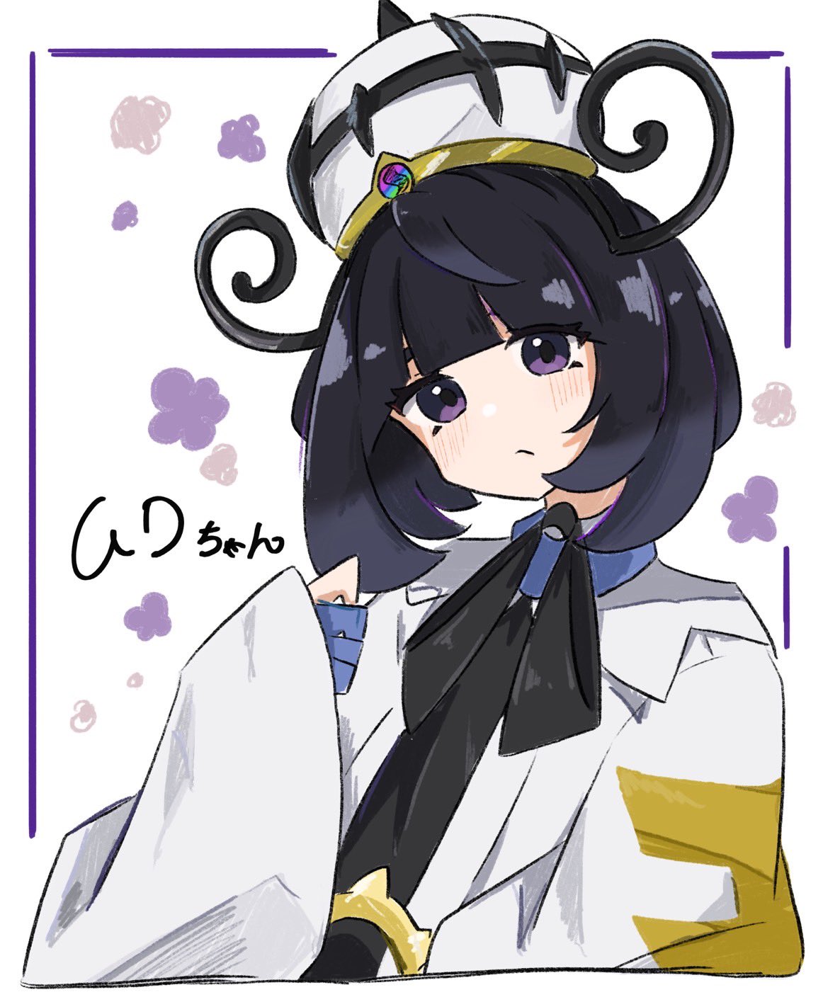 ryokukoucha, gwynn (pokemon), nintendo, pokemon, pokemon legends: z-a, highres, 1girl, black dress, black hair, blush, bob cut, coat, dress, gloves, hat, long sleeves, looking at viewer, mega stone, open clothes, open coat, partially fingerless gloves, purple eyes, short hair, sleeves past wrists, solo, upper body, white coat, wide sleeves