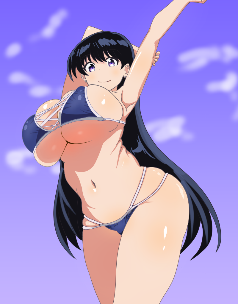 mamimusume mero, arato nagi, ruri no houseki, commentary request, 1girl, arm behind head, arm up, bikini, black eyes, black hair, blue sky, breasts, cloud, cross-laced bikini, cross-laced clothes, feet out of frame, large breasts, long hair, looking at viewer, multi-strapped bikini bottom, navel, sky, solo, stretching, swimsuit