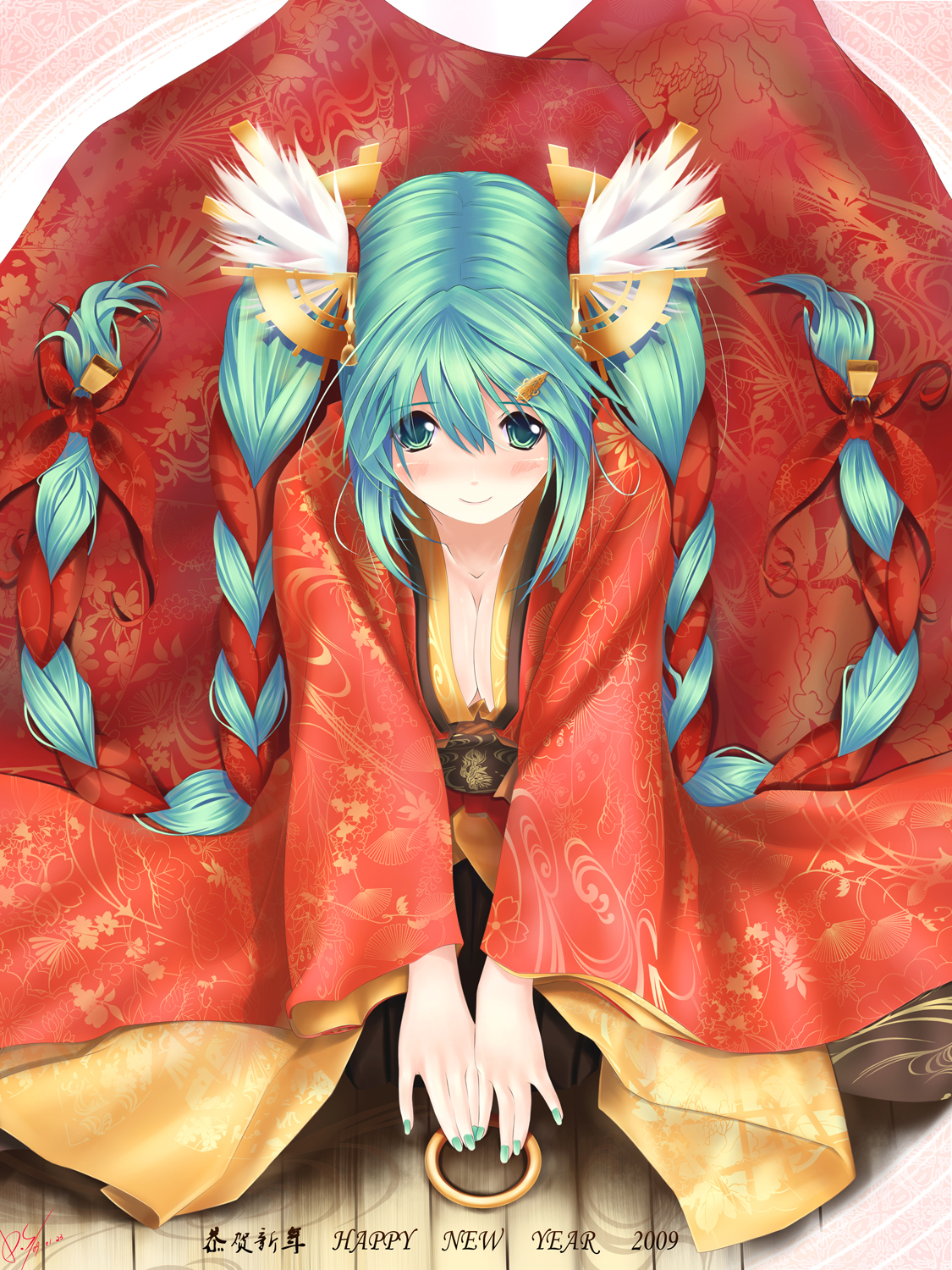 dopollsogno, hatsune miku, vocaloid, highres, 00s, 1girl, 2009, aqua nails, braid, breasts, cleavage, green eyes, green hair, hair ornament, hair ribbon, hairclip, japanese clothes, jewelry, kimono, long hair, medium breasts, multi-tied hair, nail polish, new year, ribbon, ribbon braid, ring, sitting, twin braids, twintails
