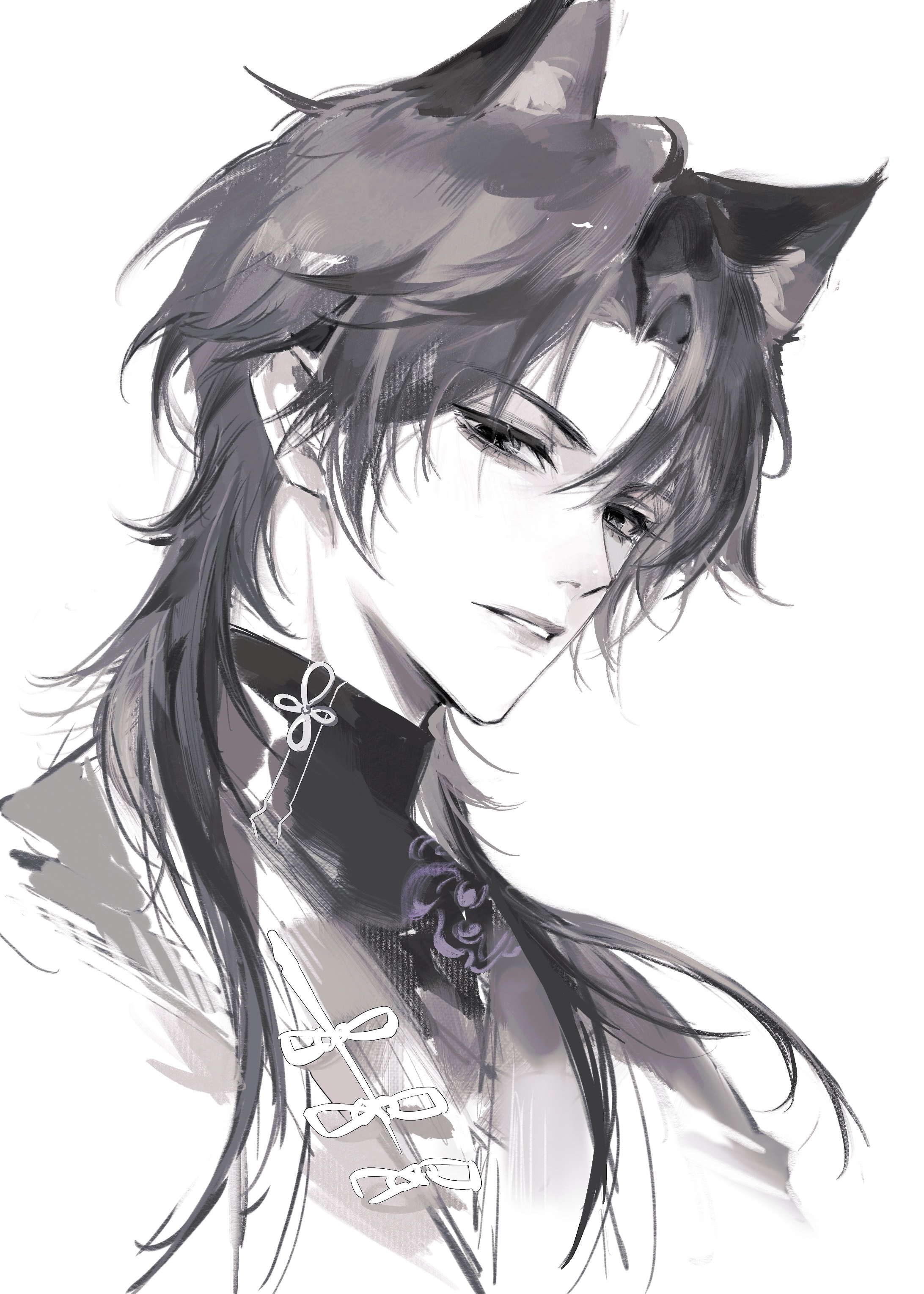 nidexintu, absurdres, chinese commentary, highres, 1boy, a-yan, animal ears, bishounen, black eyes, black hair, cat ears, chinese clothes, chinese knot, extra ears, eyelashes, hanfu, long hair, looking at viewer, male focus, meng renjian, monochrome, parted bangs, parted lips, portrait, simple background, solo, turtleneck, upper body, white background