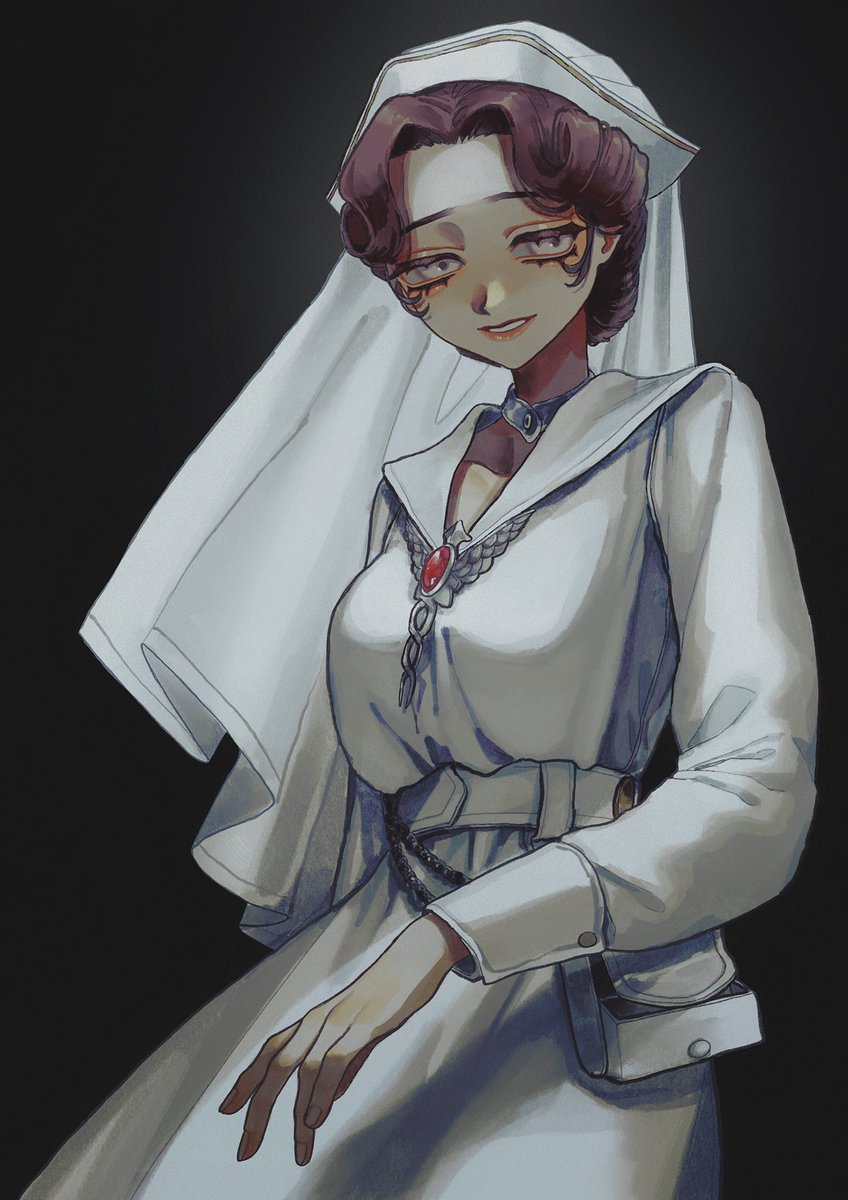 hnnstkn001, emily dyer, identity v, commentary request, highres, protected link, 1girl, belt, belt pouch, black background, breasts, brown hair, caduceus, chain, choker, curly hair, dress, emily dyer (recovery), gem, grey eyes, hair intakes, jewelry, lipstick, long sleeves, looking at viewer, makeup, necklace, parted lips, pouch, red gemstone, short hair, simple background, smile, solo, veil, white belt, white dress, white veil, white wrist cuffs, wrist cuffs