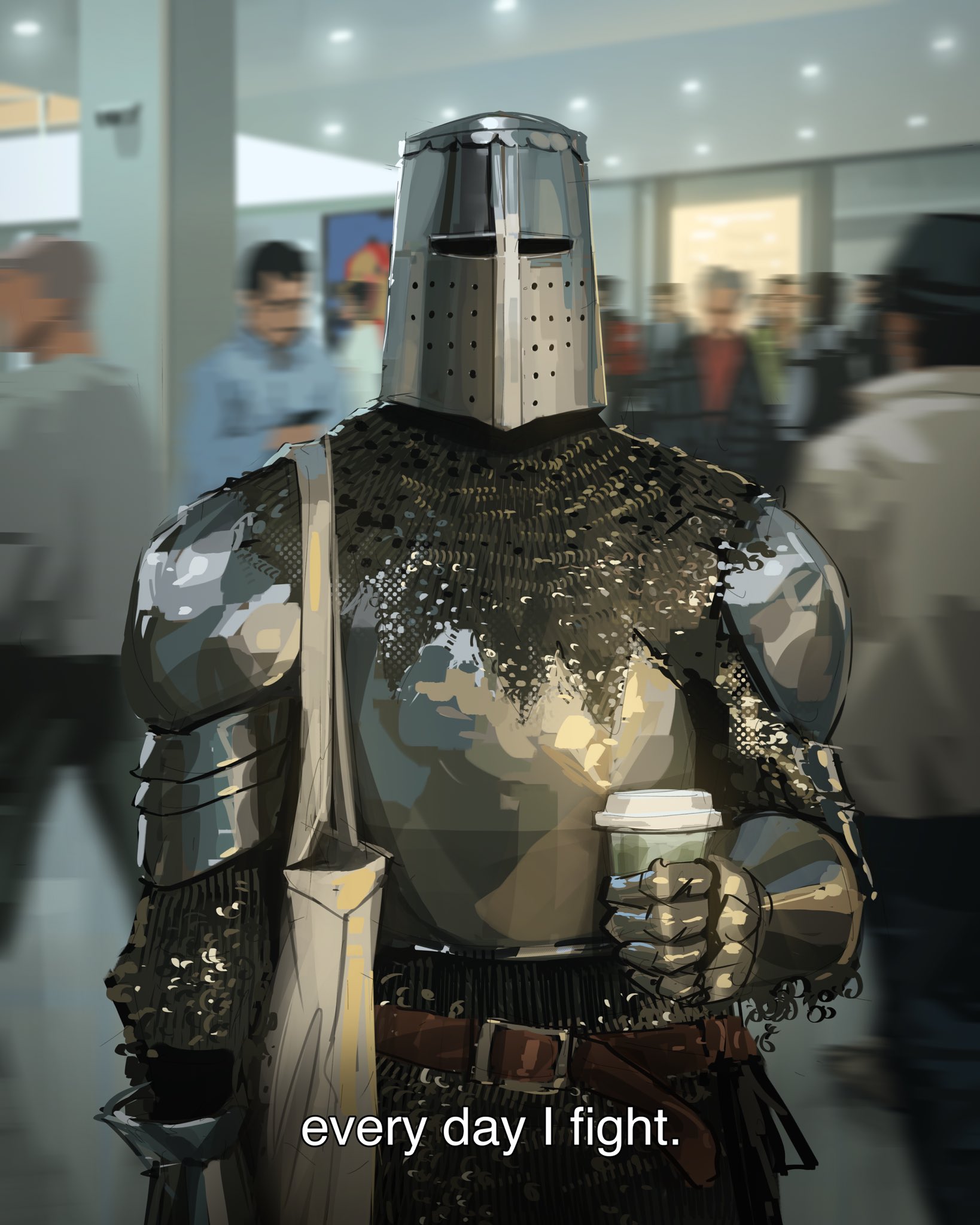 sam yang, original, commentary, highres, symbol-only commentary, 6+others, armor, bag, belt, blurry, blurry background, capelet, caption, ceiling light, cowboy shot, cup, depth of field, disposable cup, english text, facing viewer, helmet, holding, holding cup, indoors, knight, motion blur, multiple others, people, shoulder bag, solo, standing