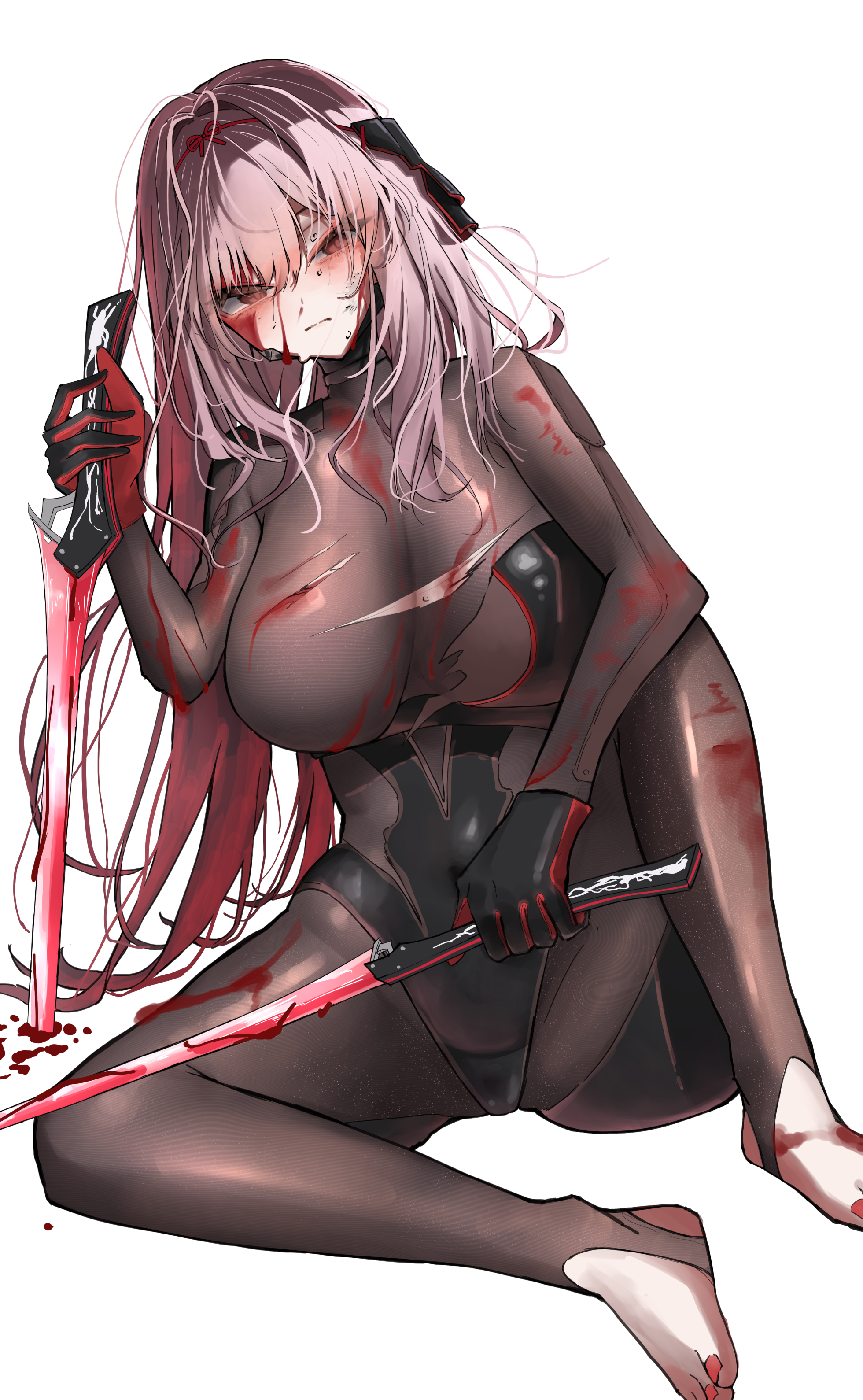 iwazaki, scarlet (black shadow) (nikke), scarlet (nikke), goddess of victory: nikke, absurdres, highres, 1girl, armored bodysuit, barefoot, bleeding, blood, blood on arm, blood on breasts, blood on clothes, blood on face, blood on ground, blood on hands, blood splatter, bloody weapon, bodysuit, breasts, brown bodysuit, cleavage, dual wielding, energy sword, feet, grey hair, holding, holding sword, holding weapon, injury, large breasts, lightsaber, long hair, looking at viewer, official alternate costume, official alternate design, red eyes, red lightsaber, sitting, soles, solo, sword, toes, very long hair, weapon