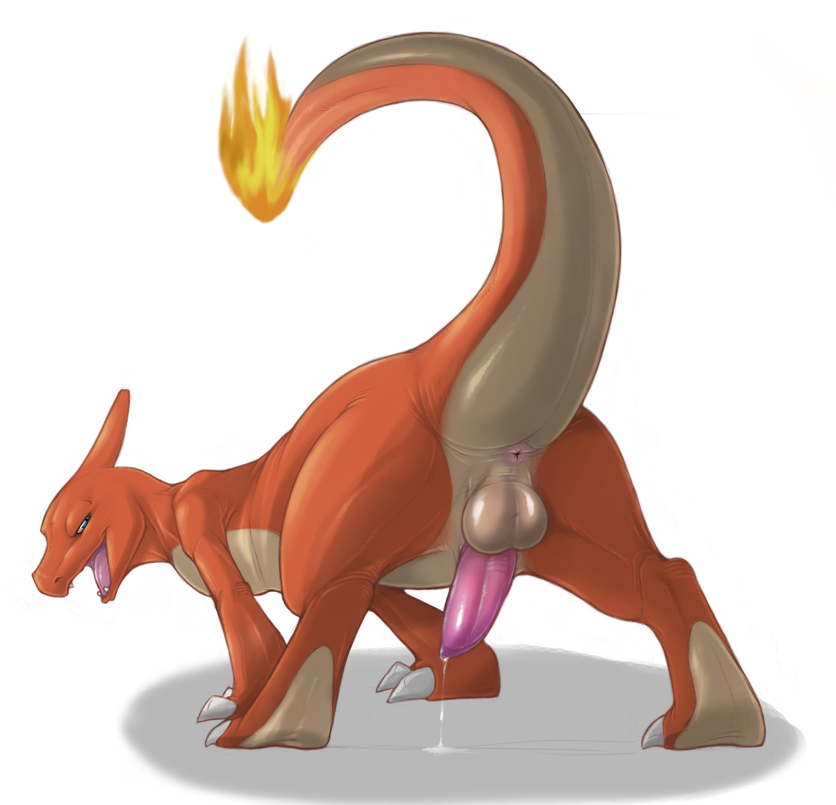 narse (artist), charmeleon, nintendo, pokemon, horn, highres, animal, anus, claws, cum, cumdrip, fang, furry, naughty face, penis, precum, presenting, smile, tail, tail raised