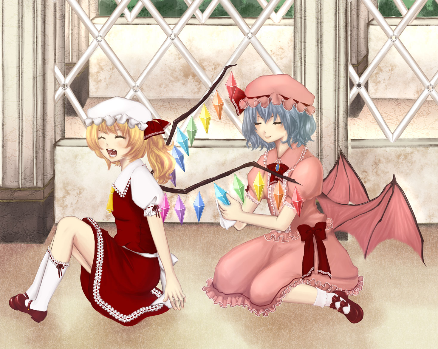 geike, flandre scarlet, remilia scarlet, touhou, bad id, bad pixiv id, 2girls, bat wings, blonde hair, blue hair, female focus, hat, mary janes, multiple girls, one side up, open mouth, ponytail, shoes, short hair, siblings, side ponytail, sisters, socks, wings