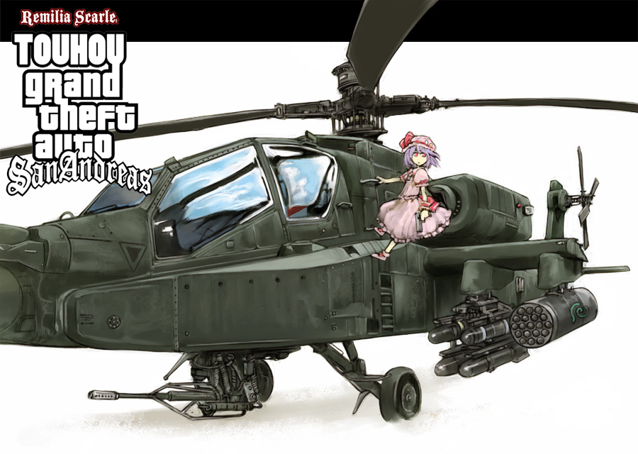 cervus, kagiyama hina, remilia scarlet, grand theft auto, grand theft auto: san andreas, rockstar, touhou, 1girl, agm-114 hellfire, ah-64, ah-64 apache, air-to-surface missile, aircraft, anti-tank guided missile, anti-tank missile, attack helicopter, autocannon, bat wings, cannon, chain gun, character name, copyright name, crossover, full body, gun, gunship, hat, helicopter, helicopter gunship, lau-61 g/a, m230 chain gun, m261, m299, military vehicle, missile rack, precision-guided munition, purple hair, red eyes, rocket artillery, rocket launcher, rocket pod, short hair, surface-to-surface missile, weapon, wings, yakugami