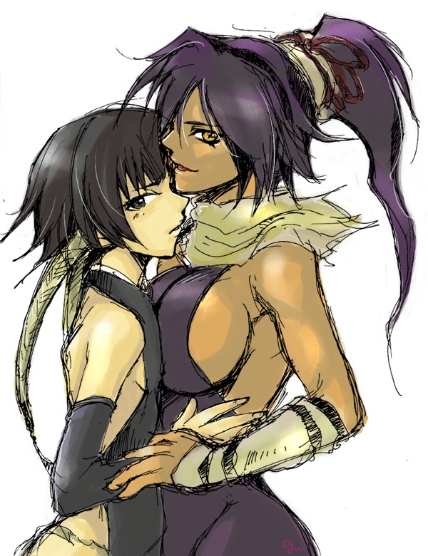 shihouin yoruichi, sui-feng, bleach, 2girls, black hair, breasts, large breasts, long hair, multiple girls, ponytail, sideboob