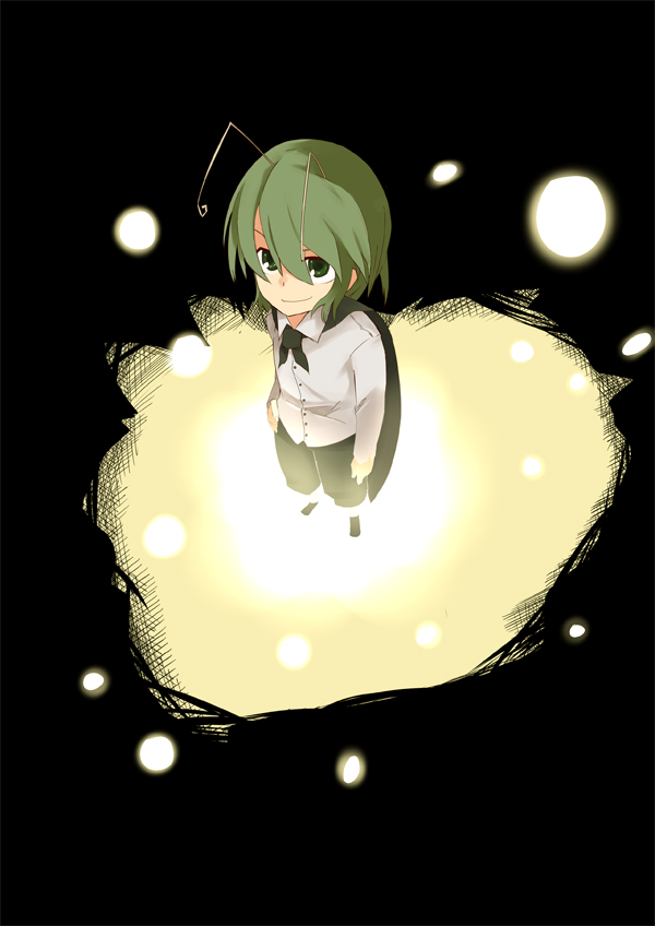 mieharu, wriggle nightbug, touhou, 1girl, antennae, bug, cape, dark, female focus, fireflies, firefly, glowing, green eyes, green hair, matching hair/eyes, night, short hair, solo