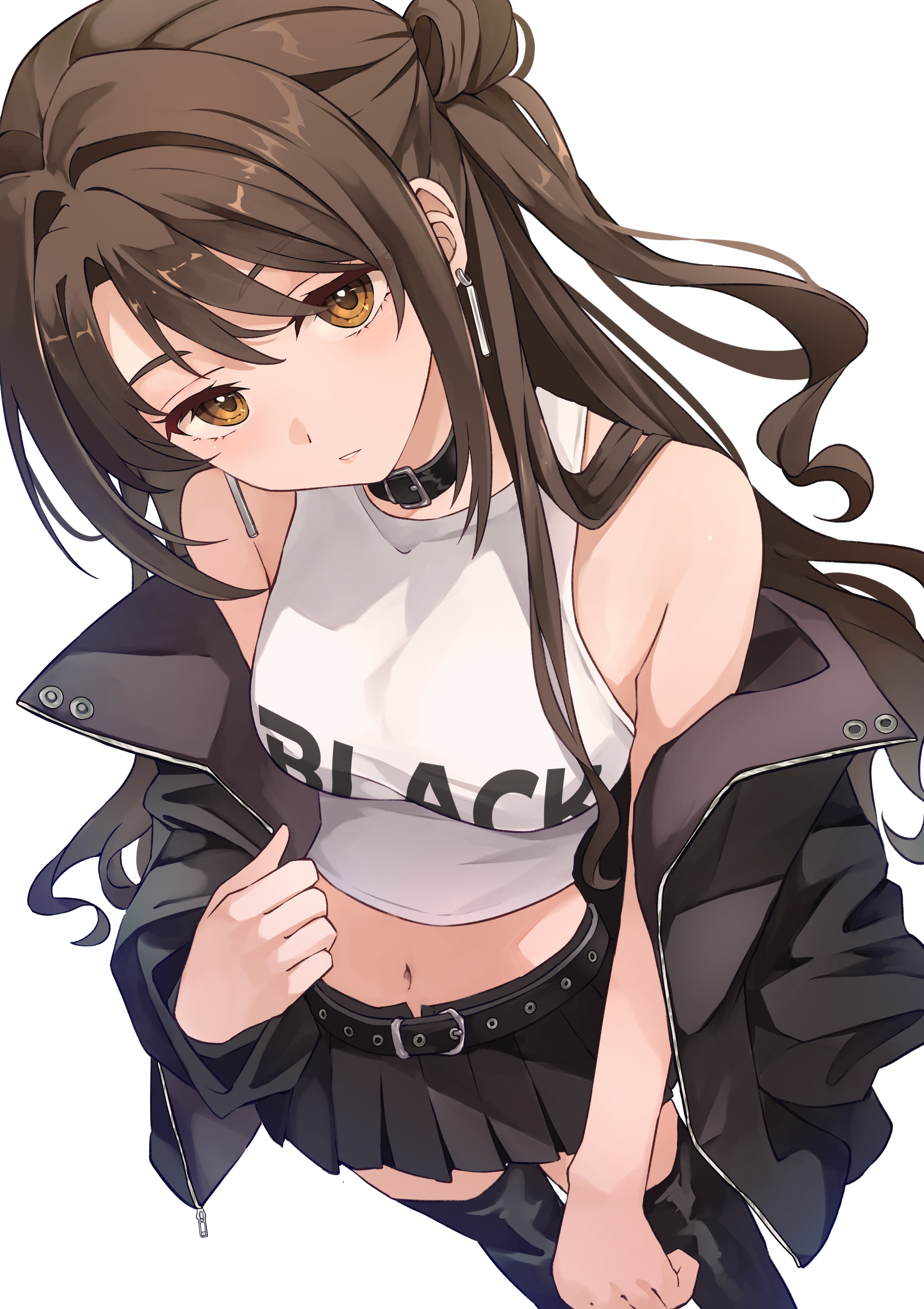 b1ack illust, shimamura uzuki, idolmaster, idolmaster cinderella girls, absurdres, commentary request, highres, 1girl, black shoes, black skirt, blush, breasts, closed mouth, hair between eyes, long hair, looking at viewer, shirt, shoes, simple background, skirt, white background, white shirt