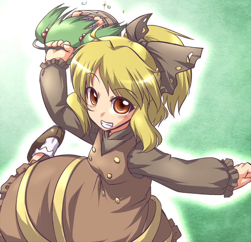 yoshi tama, kisume, kurodani yamame, touhou, 1girl, blonde hair, brown eyes, bucket, female focus, green hair, hair ribbon, ribbon, solo, standing