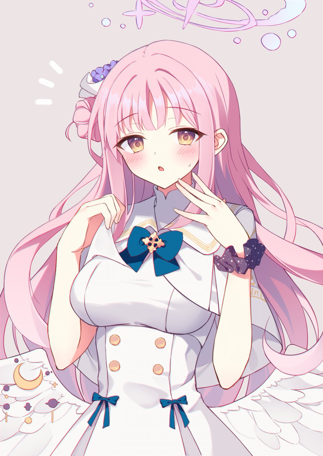 tsuzaki tsunomi, mika (blue archive), blue archive, highres, 1girl, angel wings, blue bow, blush, bow, breasts, buttons, capelet, crescent, double-breasted, dress, feathered wings, flower, gold trim, hair bun, hair flower, hair ornament, halo, long hair, looking at viewer, low wings, medium breasts, notice lines, open mouth, pink halo, purple flower, single hair bun, single side bun, solo, very long hair, white capelet, white dress, white overskirt, white wings, wing ornament, wings, wrist cuffs