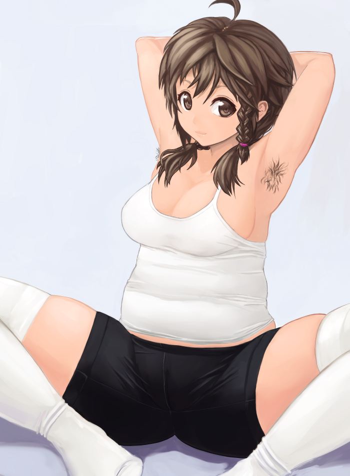 chikokuma, original, bad id, bad pixiv id, 1girl, ahoge, armpit hair, armpits, arms behind head, arms up, bike shorts, braid, breasts, brown eyes, brown hair, cleavage, fat, female focus, large breasts, medium breasts, plump, shorts, sitting, solo, spread legs, tank top, thighhighs, twintails