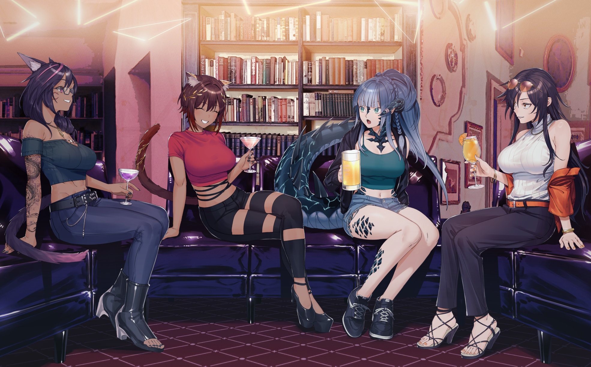 mstm, sera (judgemint), silver (shipsinfloat), vivian grimelka (siverstorm), warrior of light (ff14), final fantasy, final fantasy xiv, original, annotated, commentary, commission, english commentary, highres, vgen commission, 4girls, :o, ^ ^, animal ears, aqua camisole, aqua eyes, arm tattoo, au ra, beer mug, belt, black hair, black jacket, black pants, black scales, black shoes, black shorts, blue hair, blue pants, blue tail, blunt bangs, bookshelf, braid, breasts, brown hair, camisole, cat ears, cat girl, cat tail, closed eyes, clothing cutout, cocktail glass, cropped shirt, crossed legs, cup, cybil (steppelizard), dark-skinned female, dark skin, dragon girl, dragon horns, dragon tail, dragon tattoo, drinking glass, eyewear on head, food, fruit, full body, glasses, head wreath, high heels, holding, holding cup, horns, indoors, jacket, jacket partially removed, large breasts, laurel crown, long hair, midriff, midriff peek, miqo'te, mug, multicolored hair, multiple girls, navel, off-shoulder shirt, off shoulder, open clothes, open jacket, orange-tinted eyewear, orange (fruit), orange belt, orange jacket, orange slice, pants, picture frame, platform heels, purple streaks, purple tail, red shirt, shirt, shoes, short hair, short shorts, shorts, sitting, sleeveless, sleeveless turtleneck, smile, sneakers, spaghetti strap, streaked hair, sweater, tail, tail ornament, tattoo, tinted eyewear, toes, turtleneck, white sweater