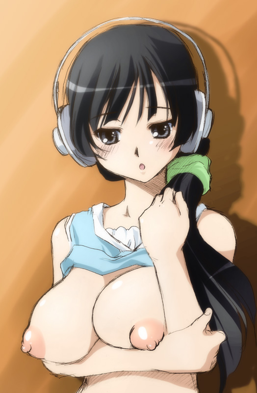 kantori, akiyama mio, akg, k-on!, 00s, 1girl, akg k-series headphones, alternate hairstyle, black hair, breasts, female focus, gradient background, headphones, long hair, nipples, puffy nipples, solo