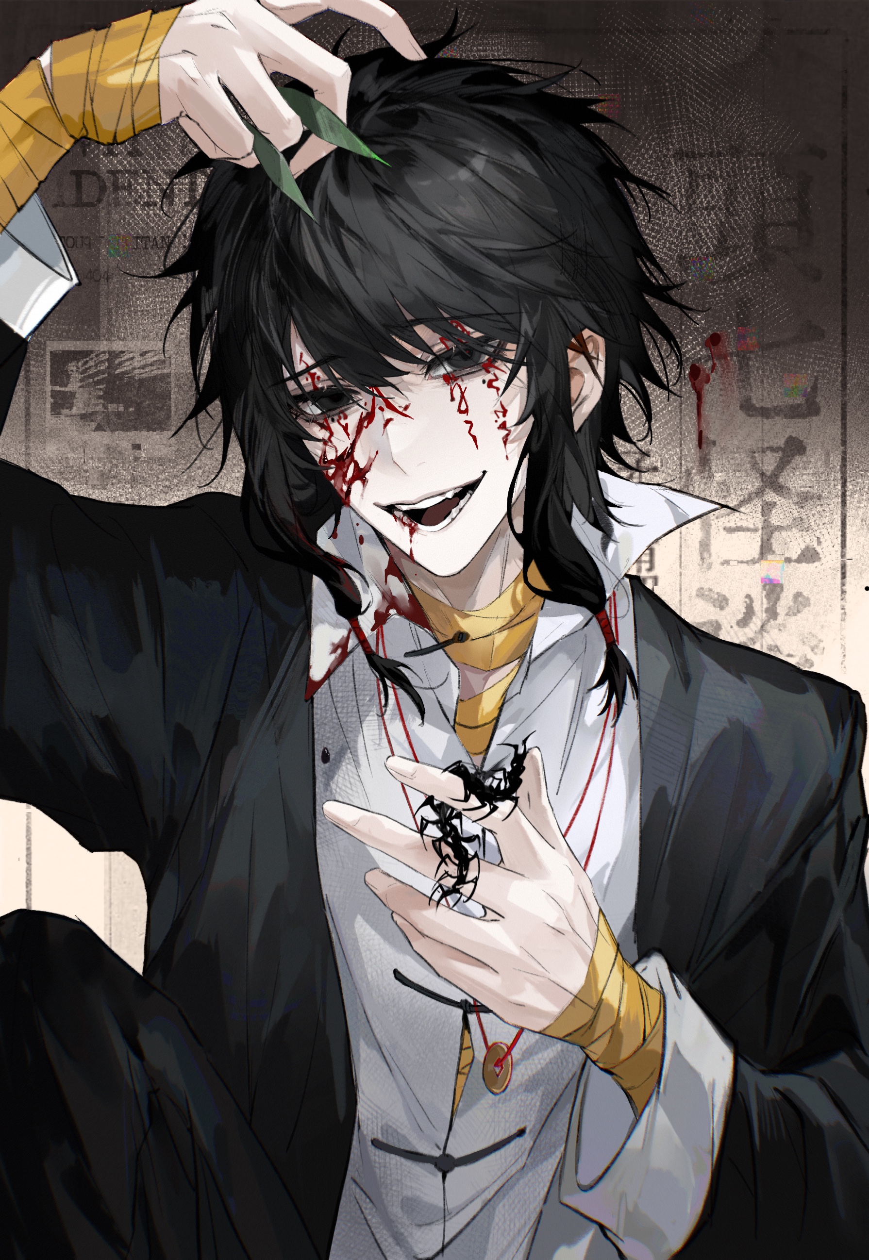 nidexintu, ziche fuzhao, touqi guaitan, absurdres, chinese commentary, highres, 1boy, arm up, bandaged arm, bandaged neck, bandages, bishounen, black eyes, black hair, black jacket, blood, blood on clothes, blood on face, blood on hands, bug, centipede, chinese clothes, collared shirt, facepaint, fangs, hair between eyes, hand up, holding, holding bug, holding leaf, jacket, jewelry, leaf, long sleeves, looking at viewer, low-tied sidelocks, male focus, medium hair, necklace, open clothes, open mouth, shirt, short hair, sidelocks, smile, solo, teeth, upper body, white shirt