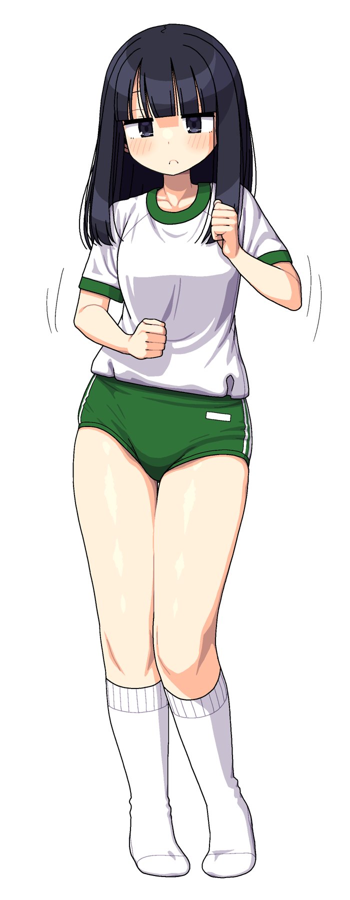 maruput, original, highres, 1girl, black eyes, black hair, blunt bangs, blush, breasts, buruma, closed mouth, collarbone, full body, green buruma, gym shirt, gym uniform, kneehighs, long hair, looking at viewer, medium breasts, motion lines, no shoes, shirt, short sleeves, simple background, socks, solo, standing, white background, white shirt, white socks