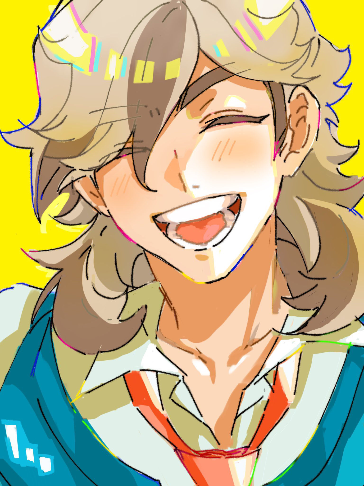 mofumofuyarou, arven (pokemon), nintendo, pokemon, pokemon sv, commentary request, highres, 1boy, :d, blush, brown hair, closed eyes, collared shirt, happy, long hair, male focus, necktie, open mouth, orange necktie, shirt, smile, solo, teeth, tongue, upper body, vest, white shirt, yellow background